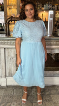 CurveWow Lace Top Pleated Dress Light Blue
