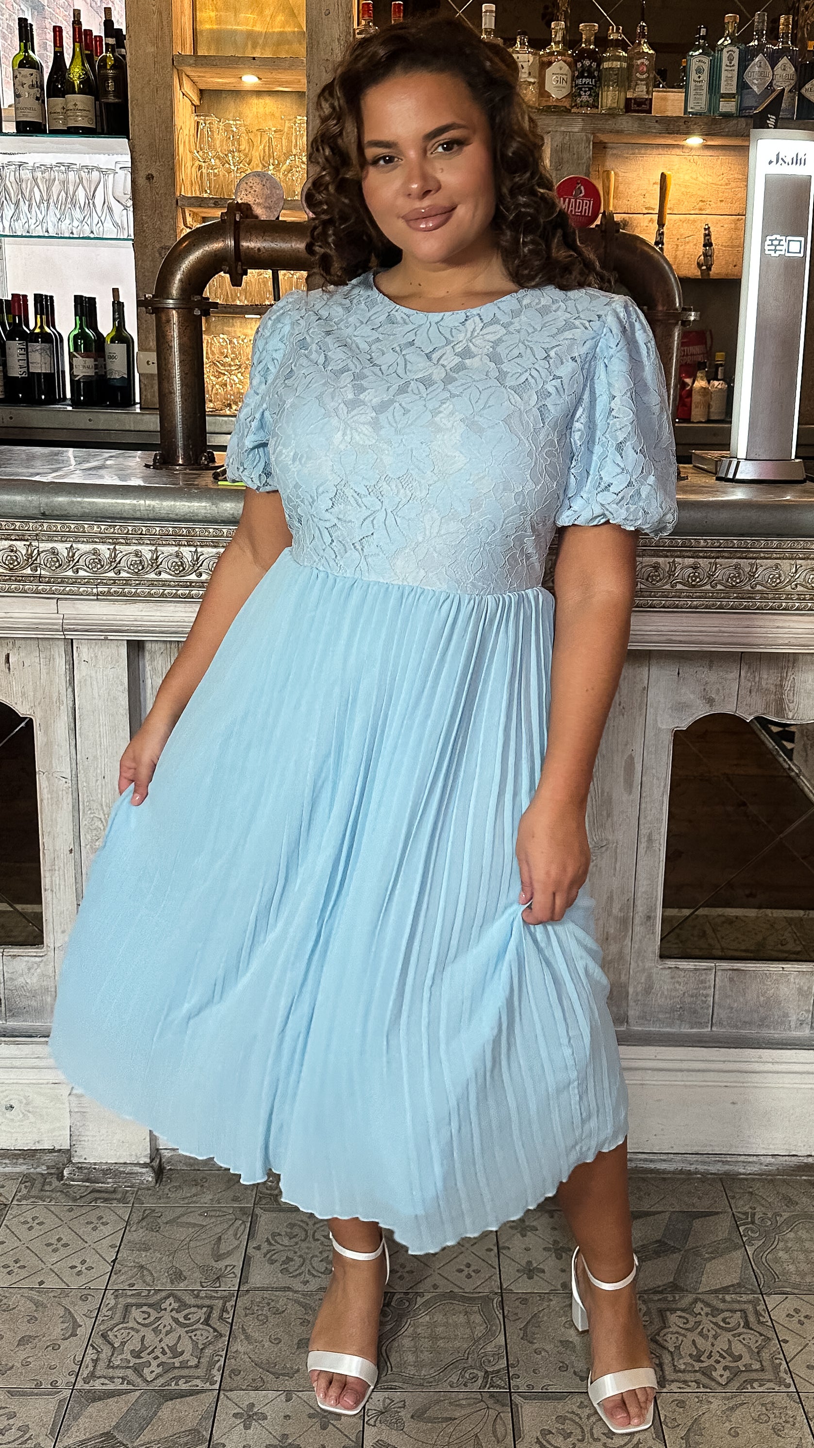 CurveWow Lace Top Pleated Dress Light Blue Curvewow CurveWow Lace Top Pleated Dress Light Blue Curvewow