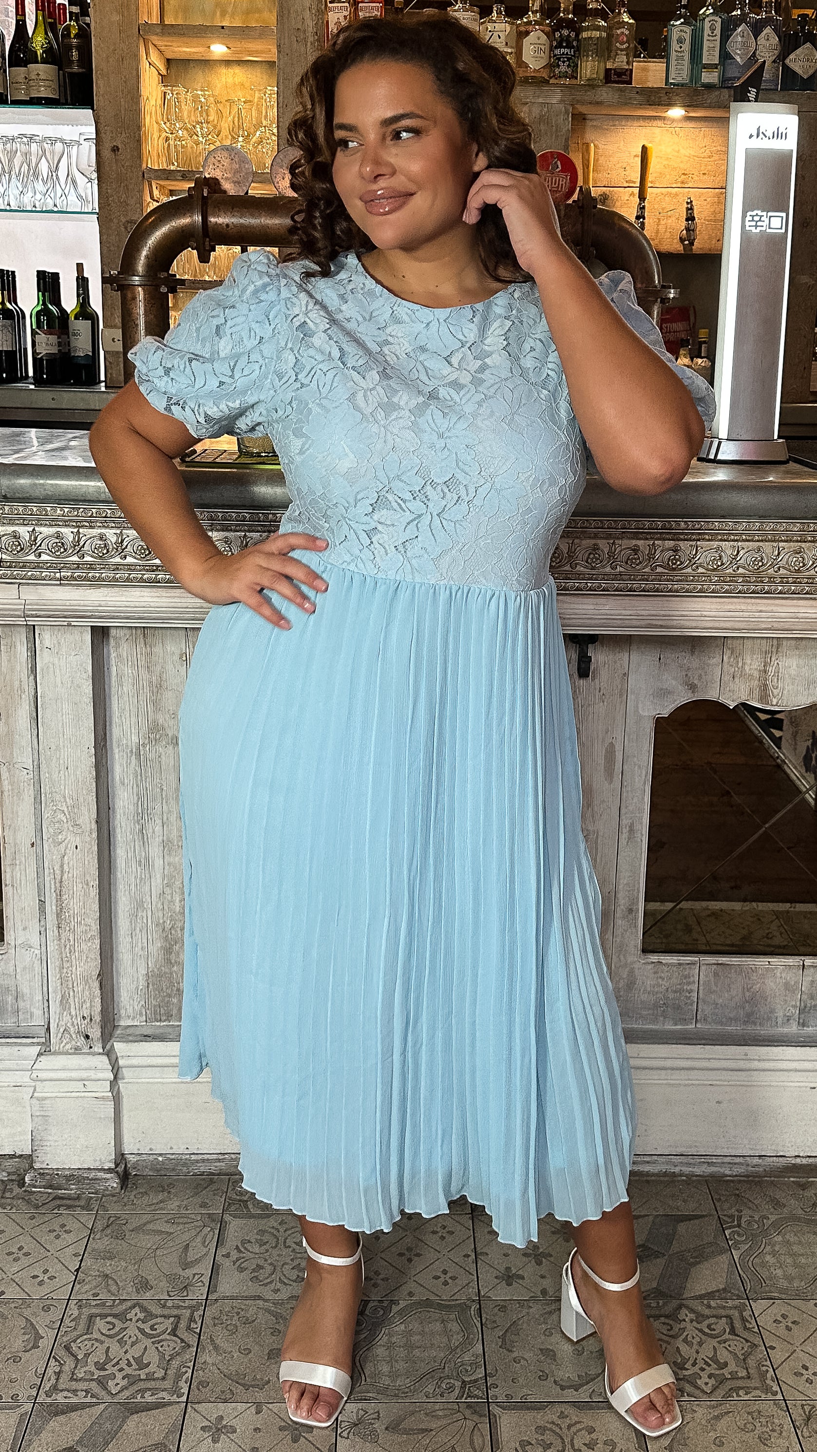 CurveWow Lace Top Pleated Dress Light Blue – Curvewow