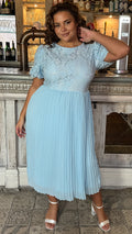 CurveWow Lace Top Pleated Dress Light Blue