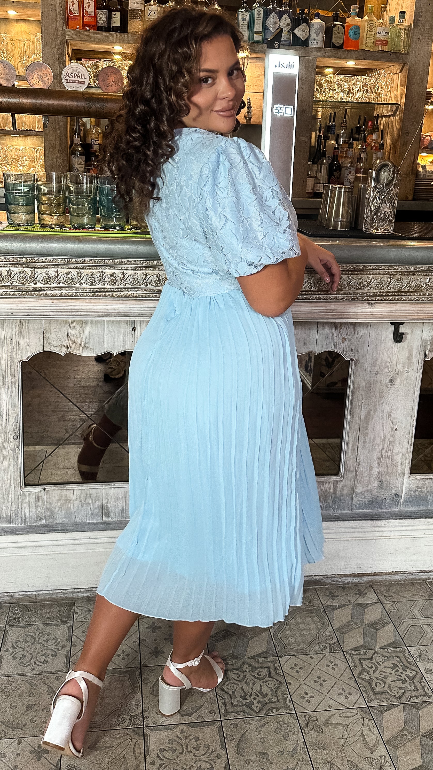 CurveWow Lace Top Pleated Dress Light Blue - Main Image