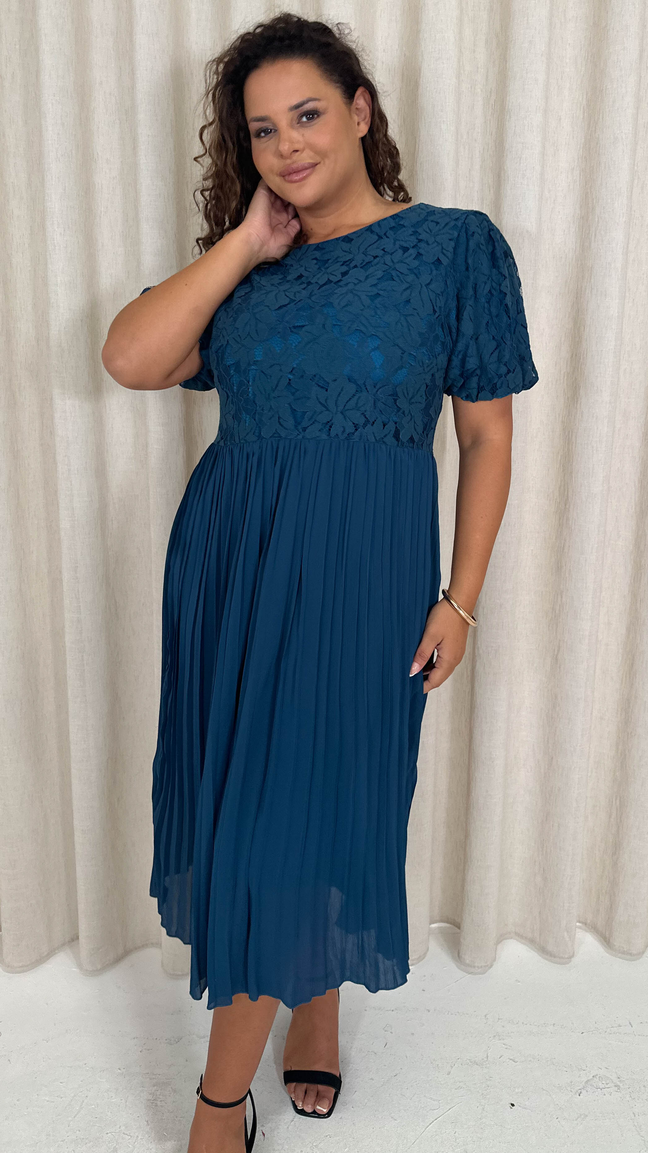 CurveWow Lace Top Pleated Dress Teal1