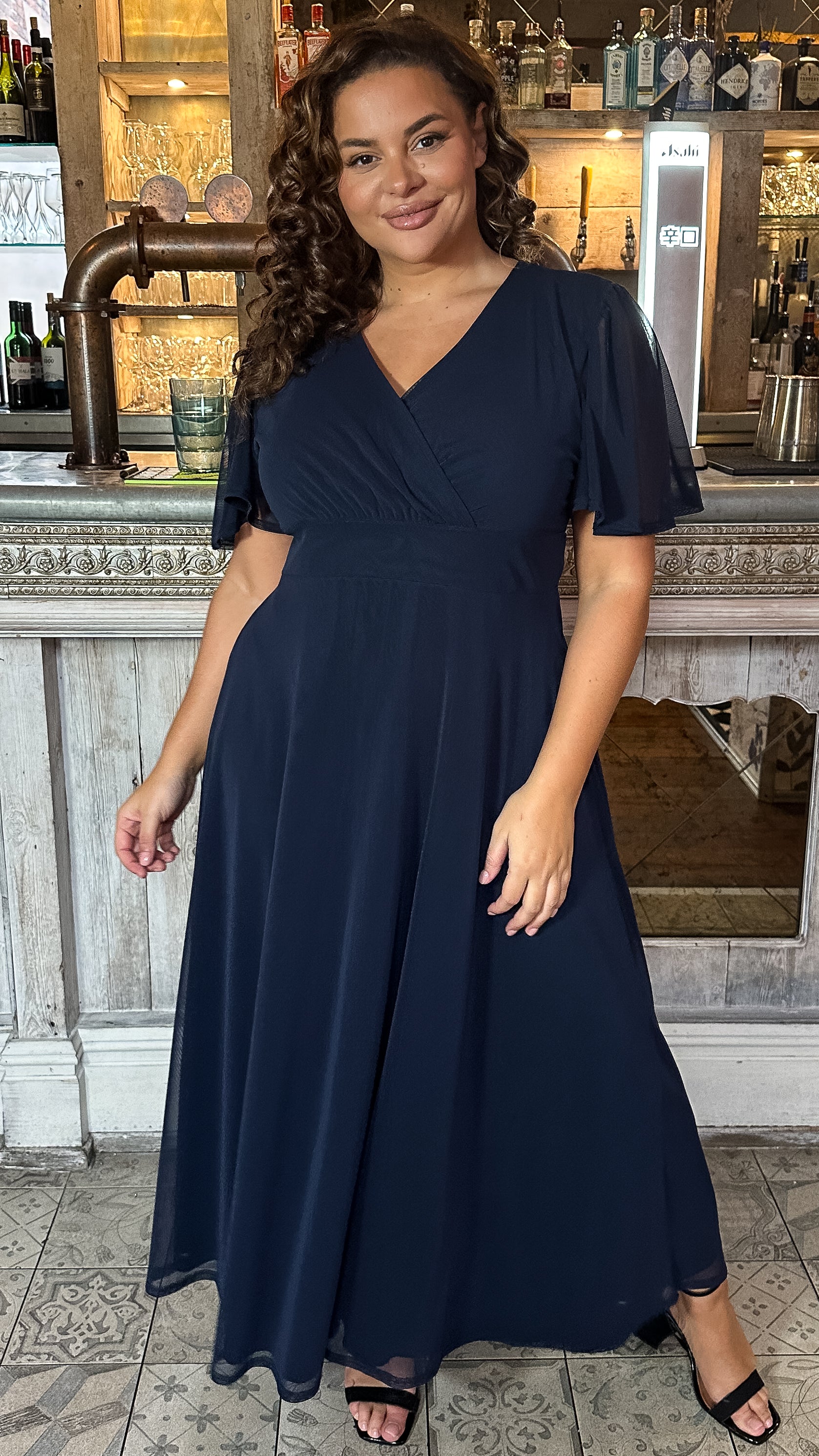 CurveWow Mesh Angel Sleeve Maxi Dress Navy