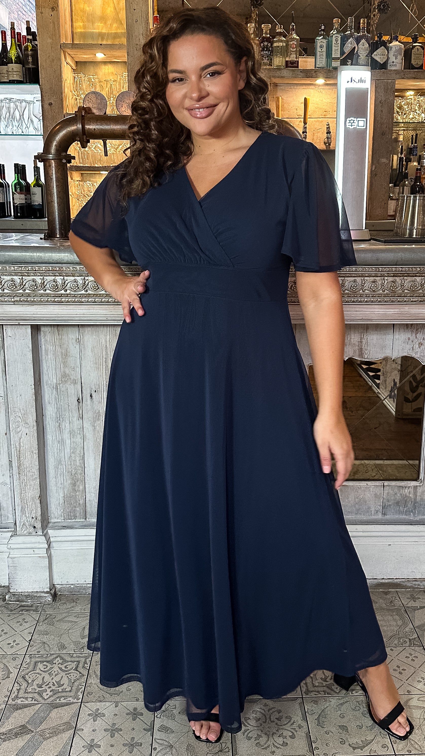 CurveWow Mesh Angel Sleeve Maxi Dress Navy
