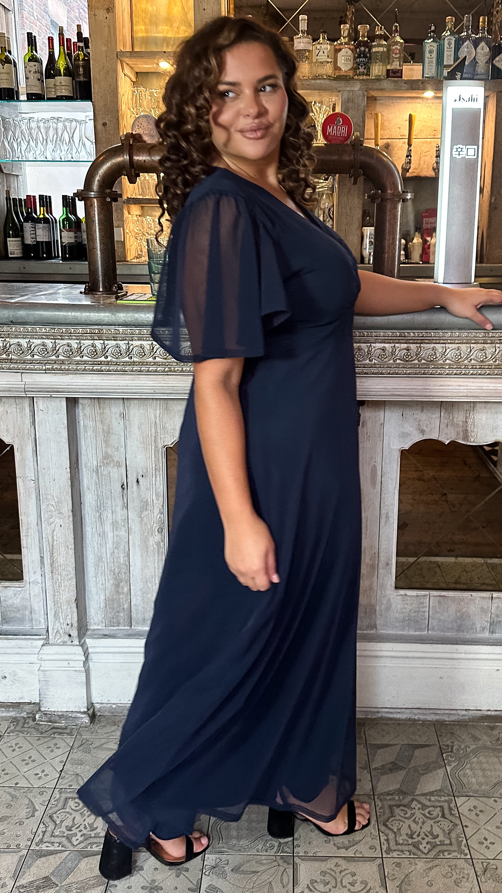 CurveWow Mesh Angel Sleeve Maxi Dress Navy