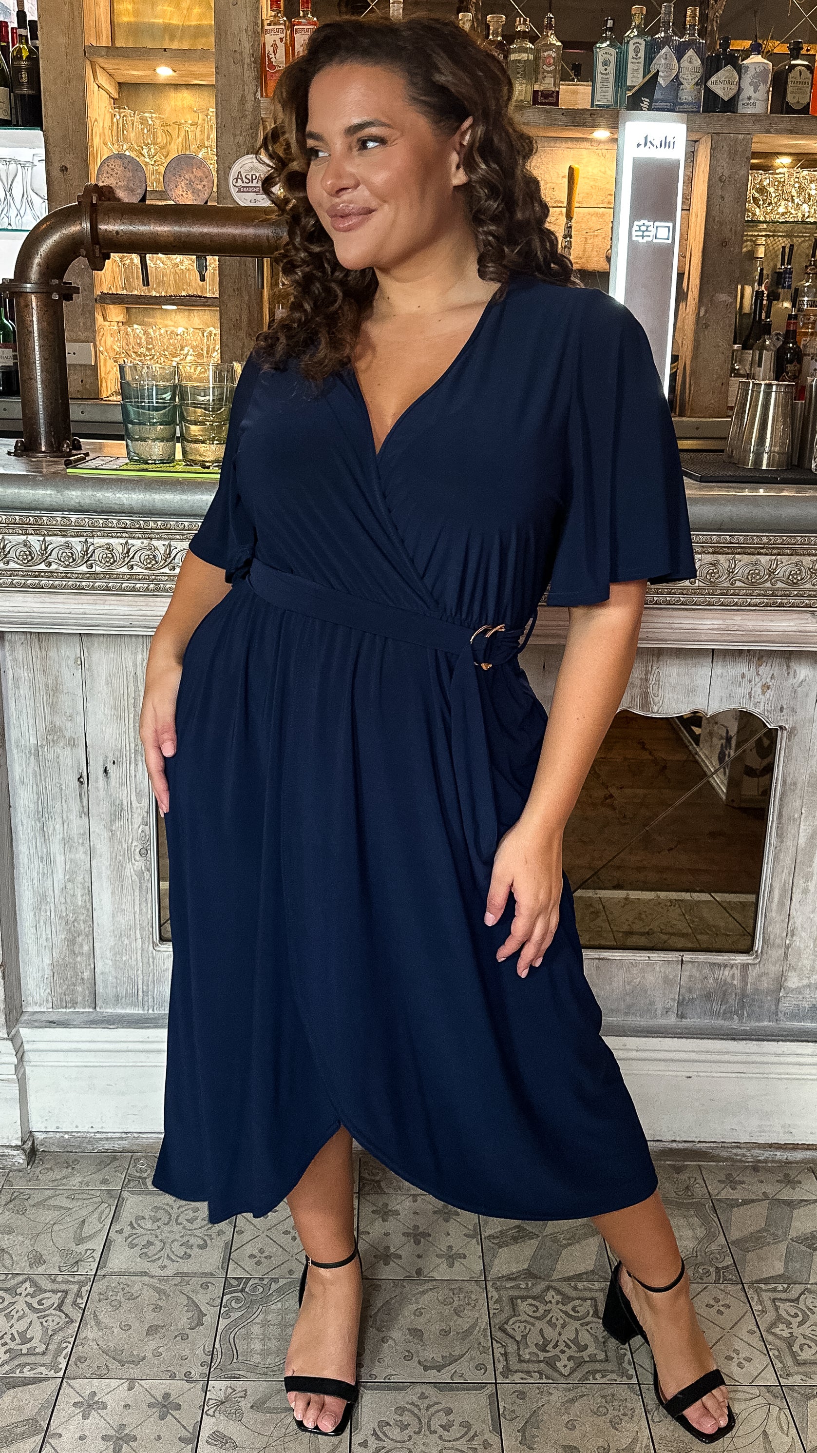 CurveWow D Ring Belted Wrap Dress Navy Curvewow CurveWow D Ring Belted Wrap Dress Navy Curvewow