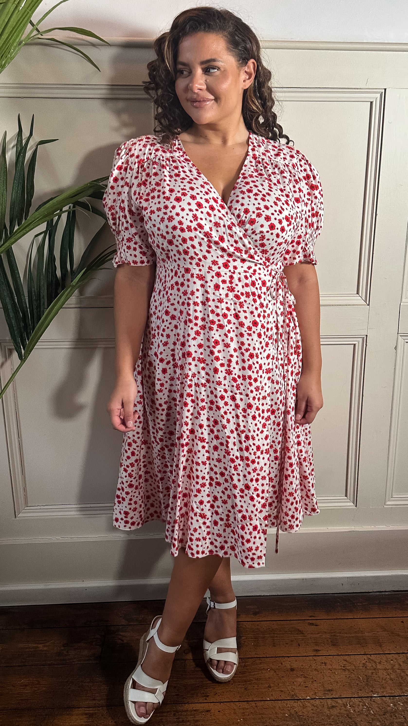 CurveWow Printed Puff Sleeve Wrap Midi Dress Red Floral