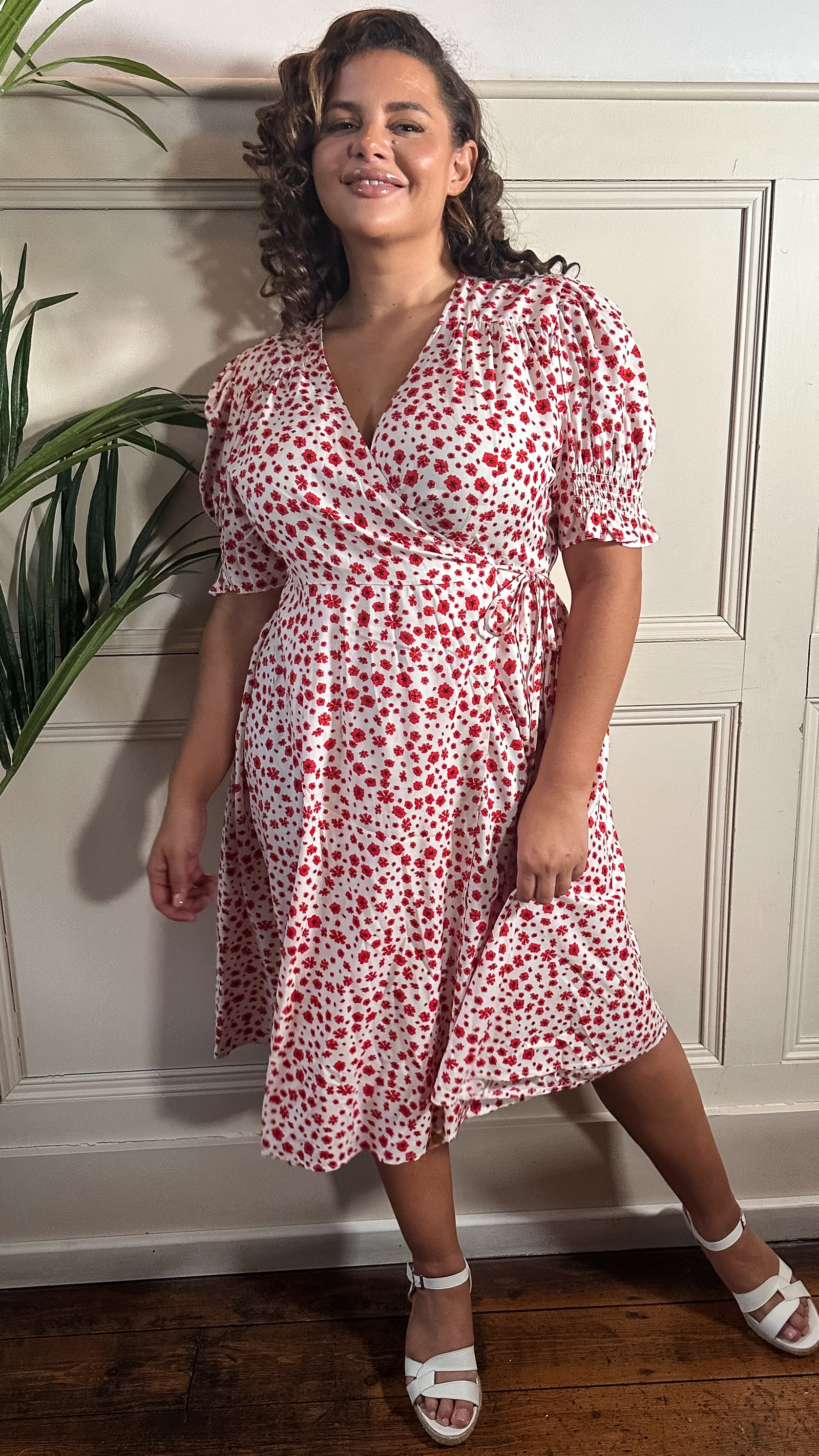 CurveWow Printed Puff Sleeve Wrap Midi Dress Red Floral