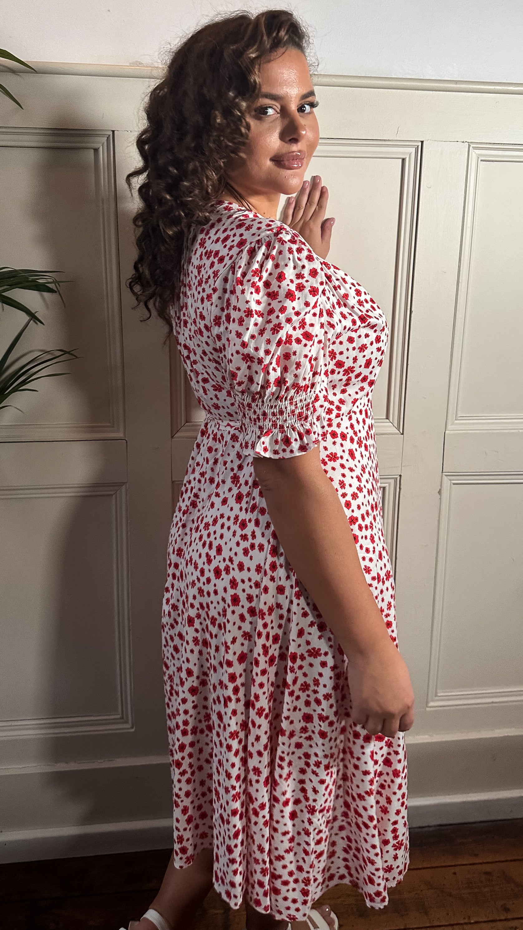 CurveWow Printed Puff Sleeve Wrap Midi Dress Red Floral