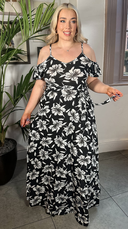 CurveWow Printed Cold Shoulder Maxi Dress Mono Floral