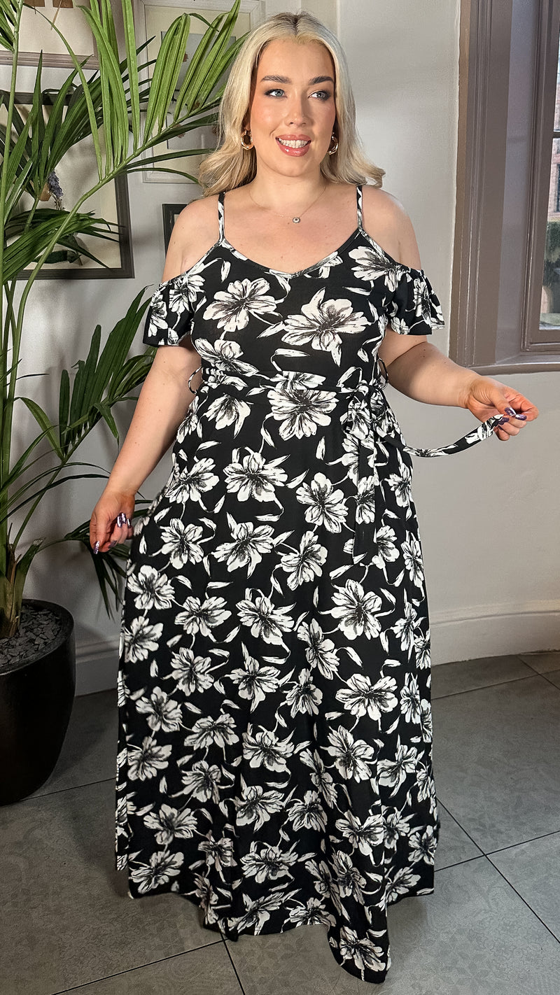 CurveWow Printed Cold Shoulder Maxi Dress Mono Floral