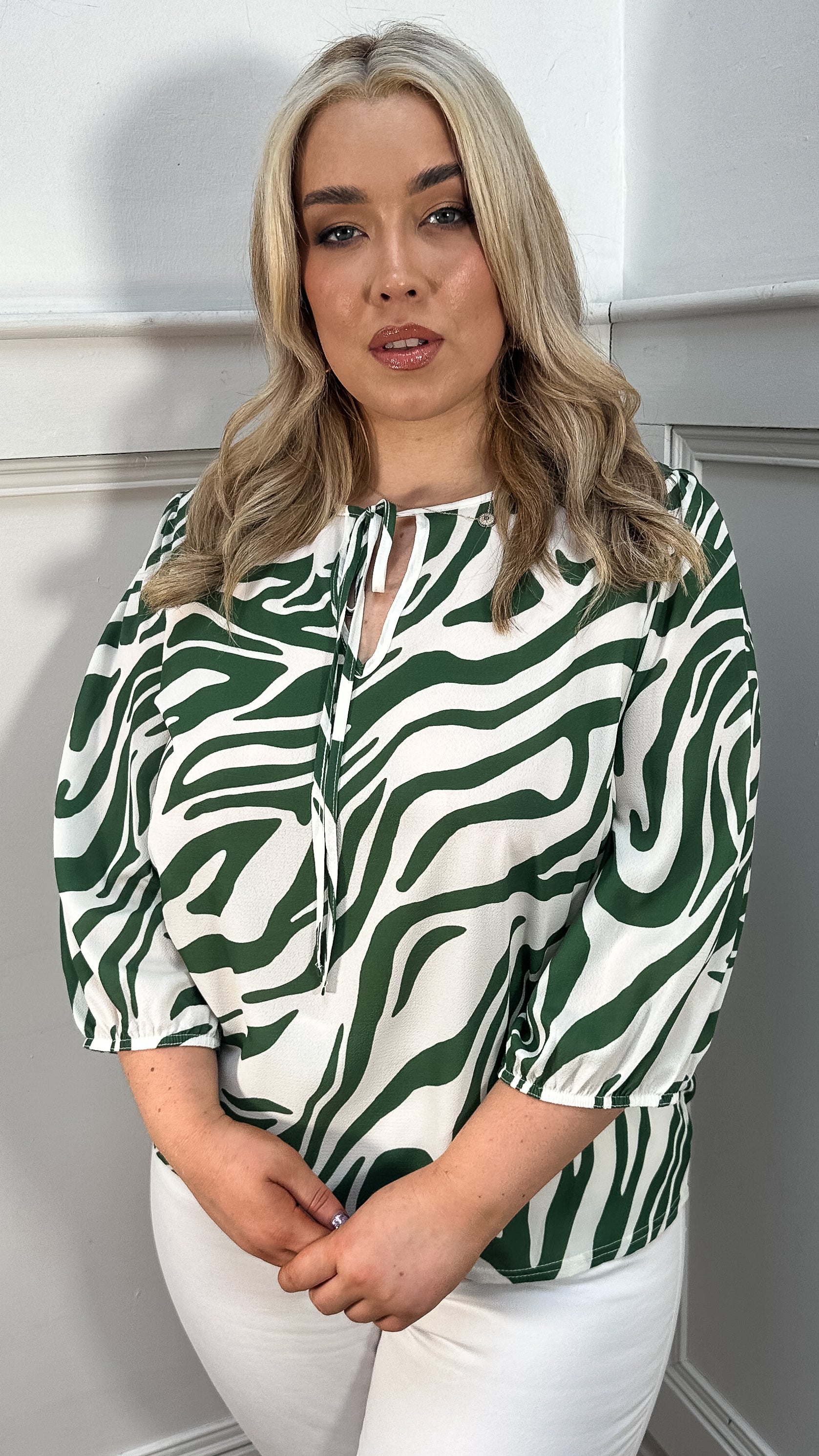 CurveWow Keyhole Tie Front Top Green Zebra