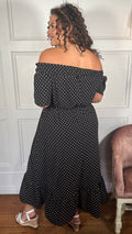 CurveWow Elasticated Waist Bardot Maxi Dress Black Polka