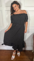CurveWow Elasticated Waist Bardot Maxi Dress Black Polka