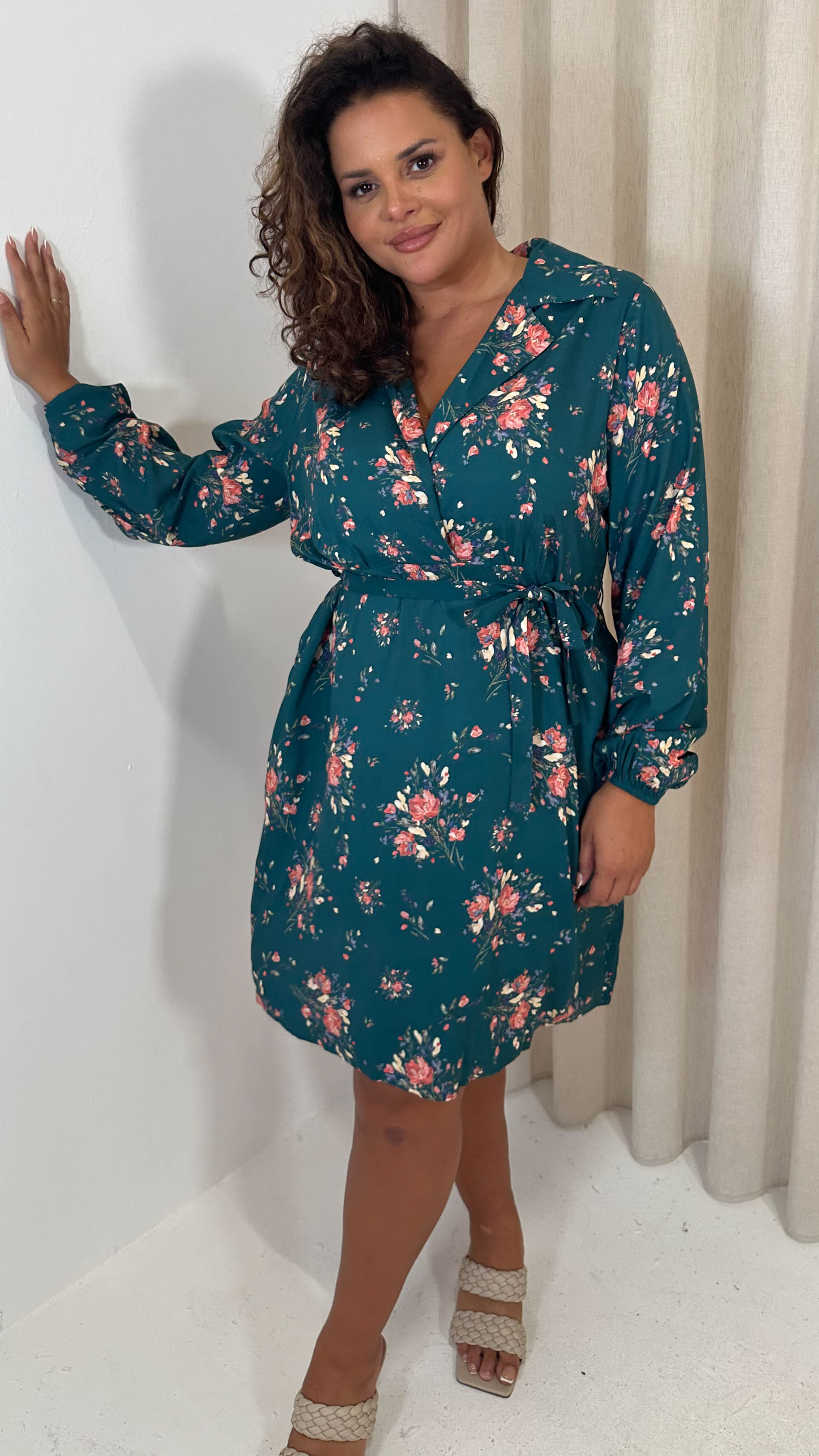 CurveWow Tie Waist Shirt Mini Dress Teal Floral