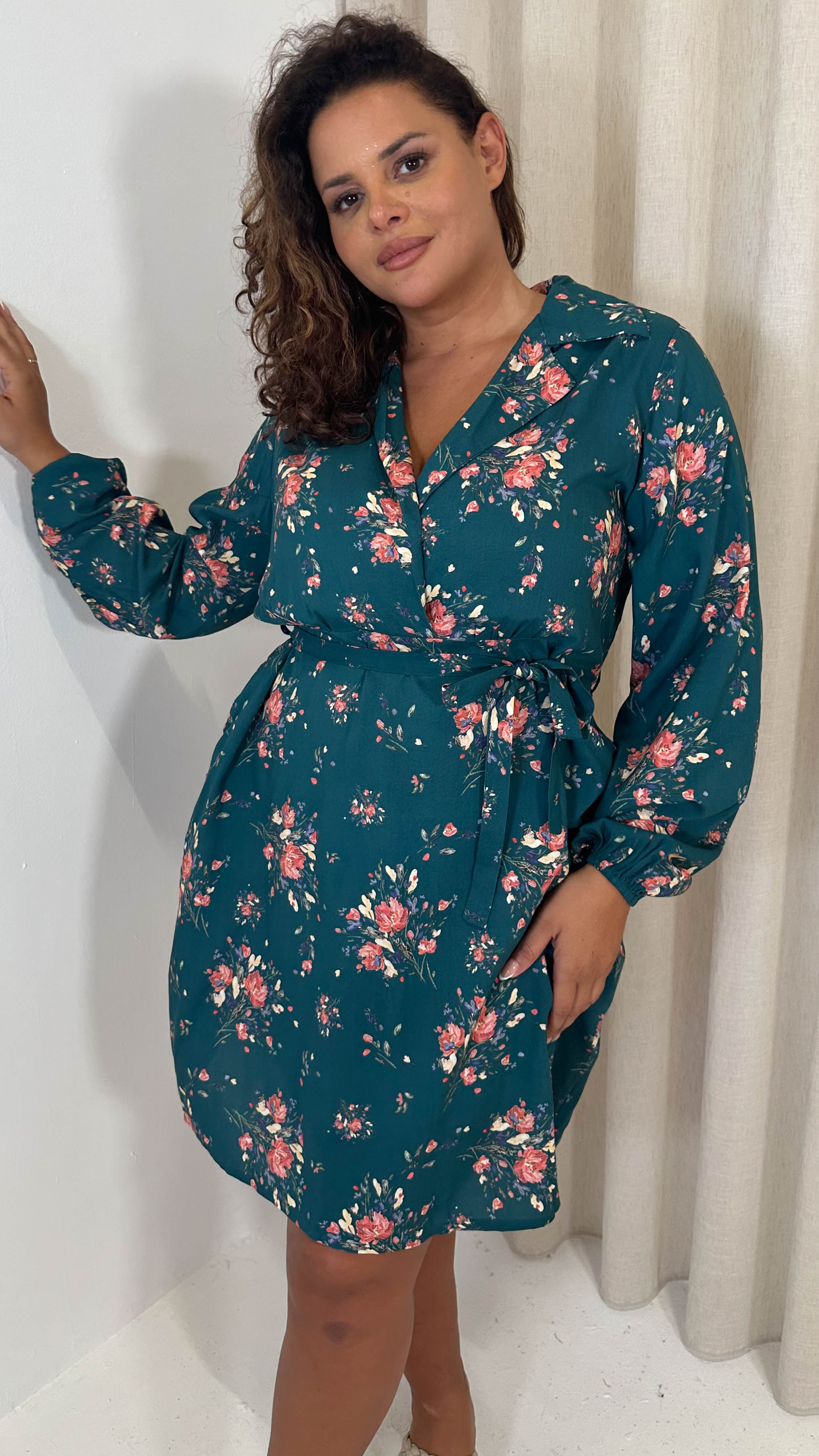 CurveWow Tie Waist Shirt Mini Dress Teal Floral