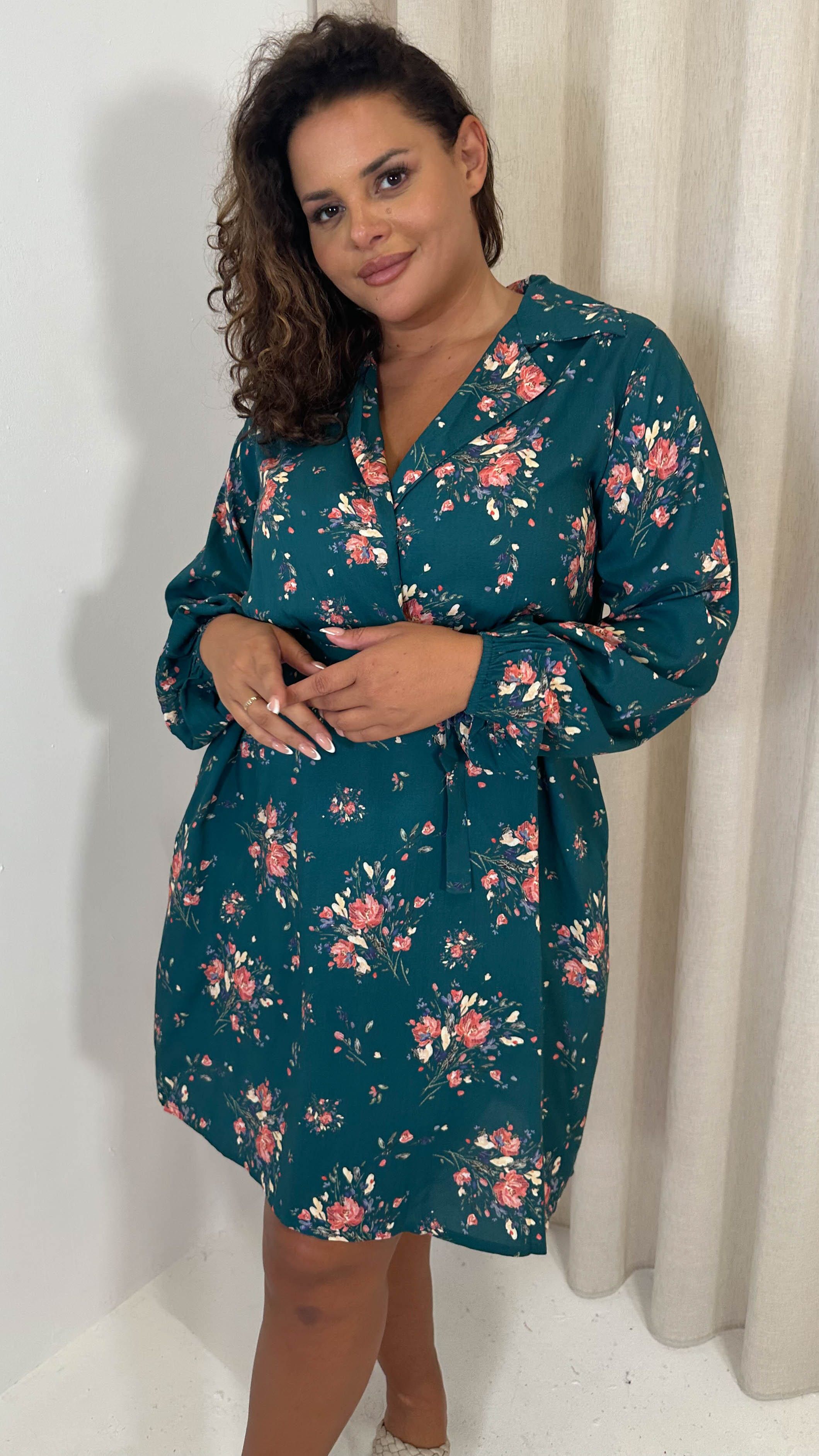 CurveWow Tie Waist Shirt Mini Dress Teal Floral