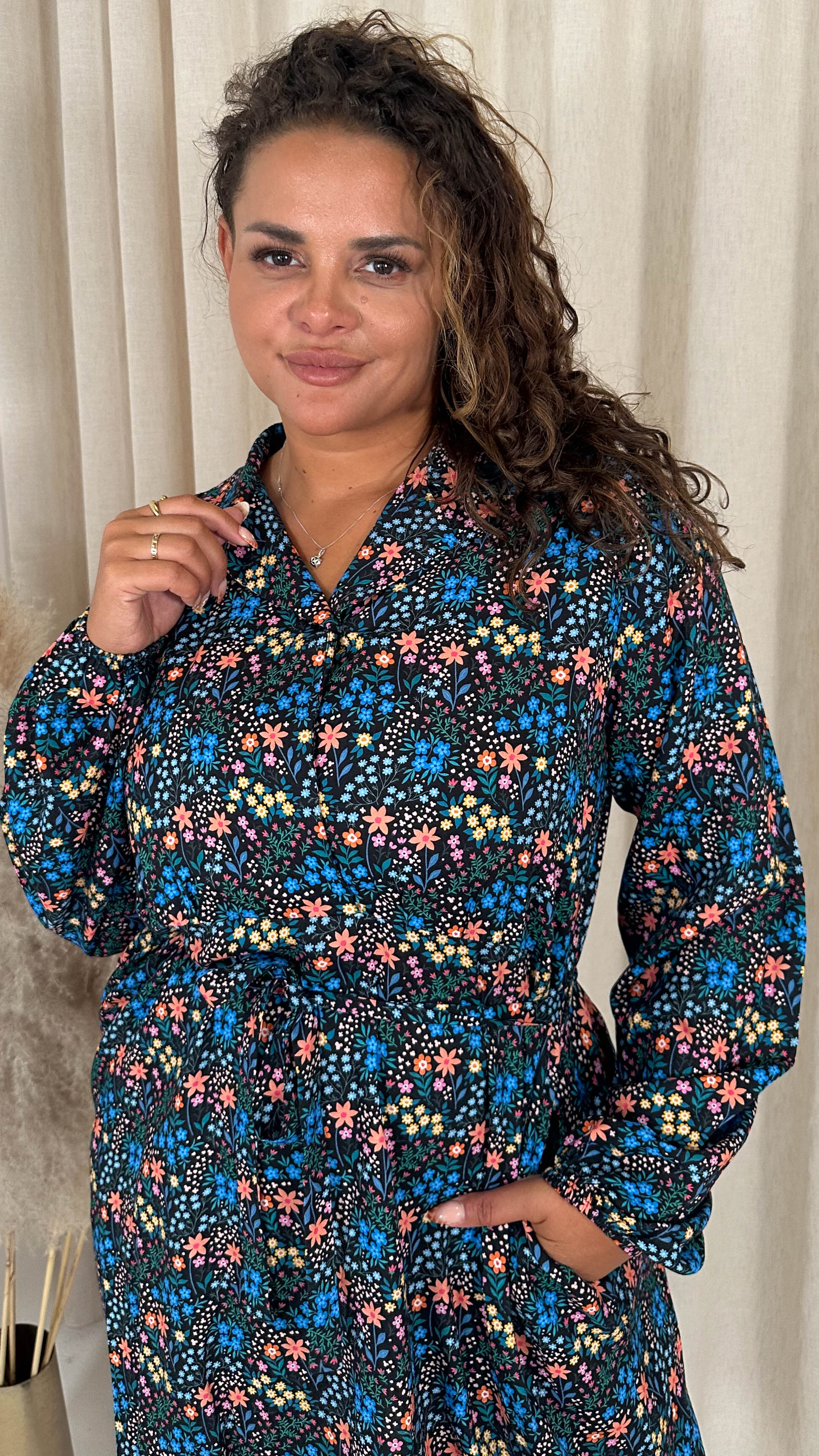 CurveWow Tie Waist Shirt Mini Dress Multi Floral