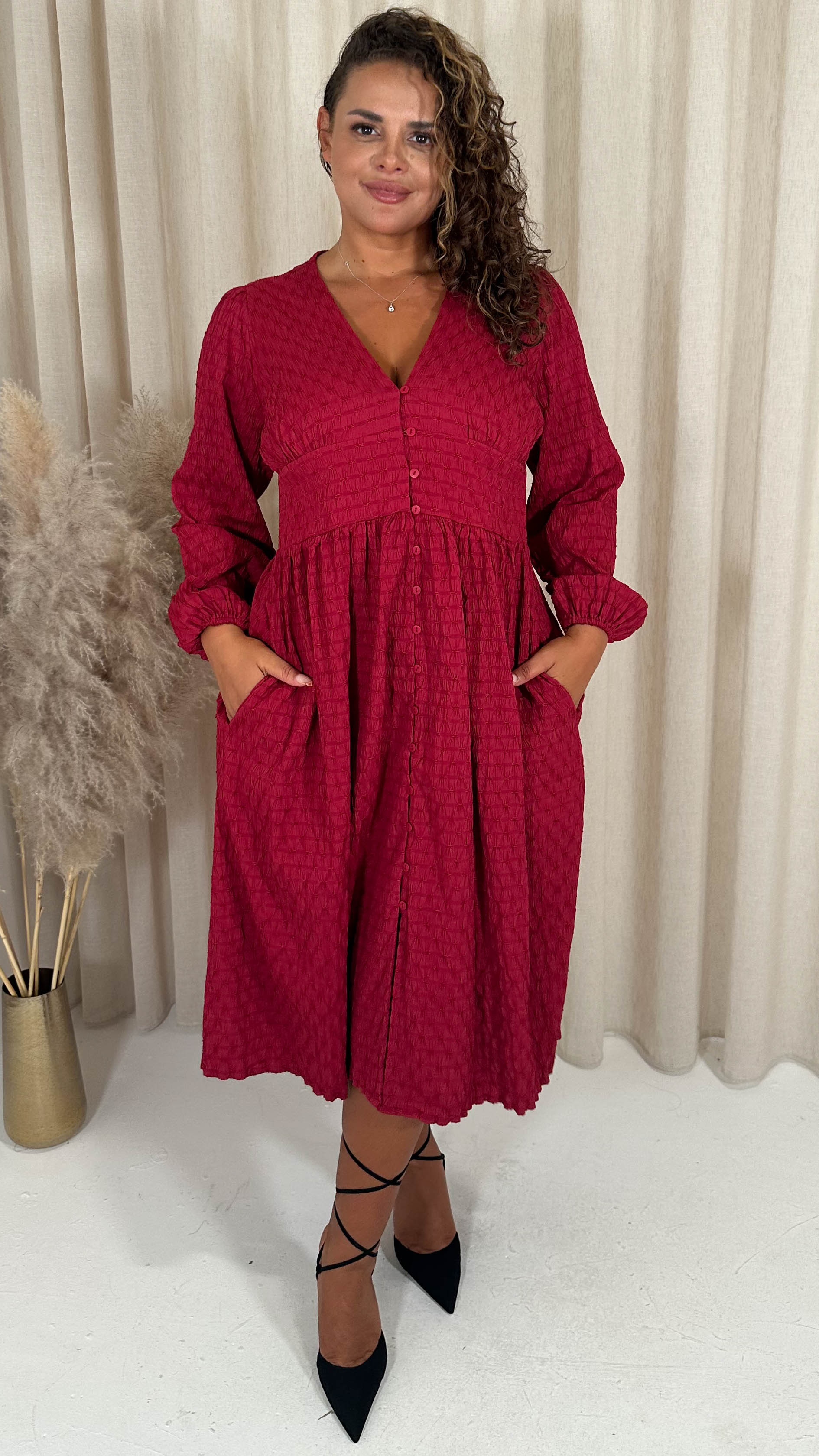 red button front midi dress Red A-Line Pleated Button Midi Dress & Reviews - Red - Dresses