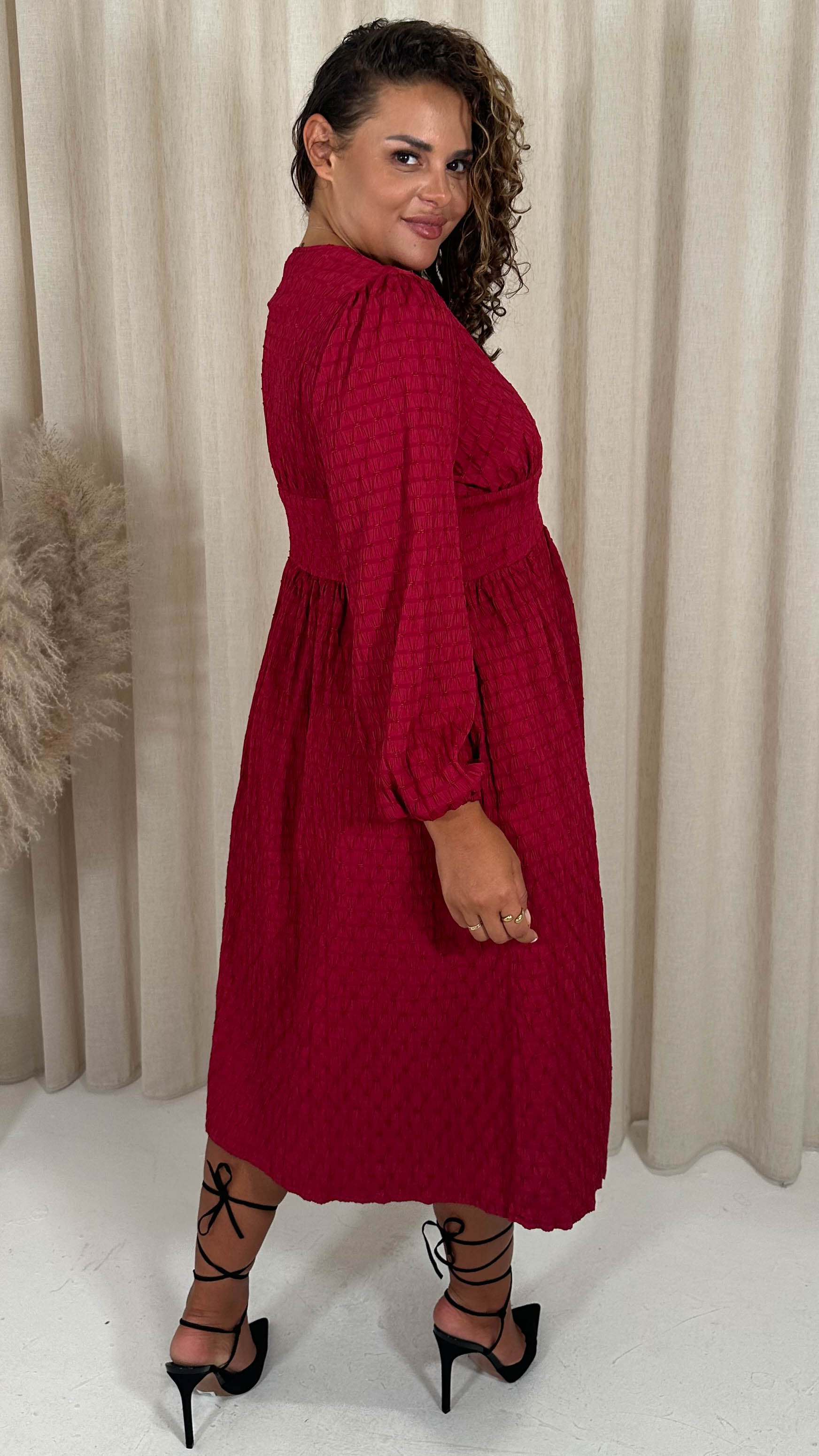 CurveWow Dobby Textured Button Front Midi Dress Red Curvewow CurveWow Dobby Textured Button Front Midi Dress Red Curvewow