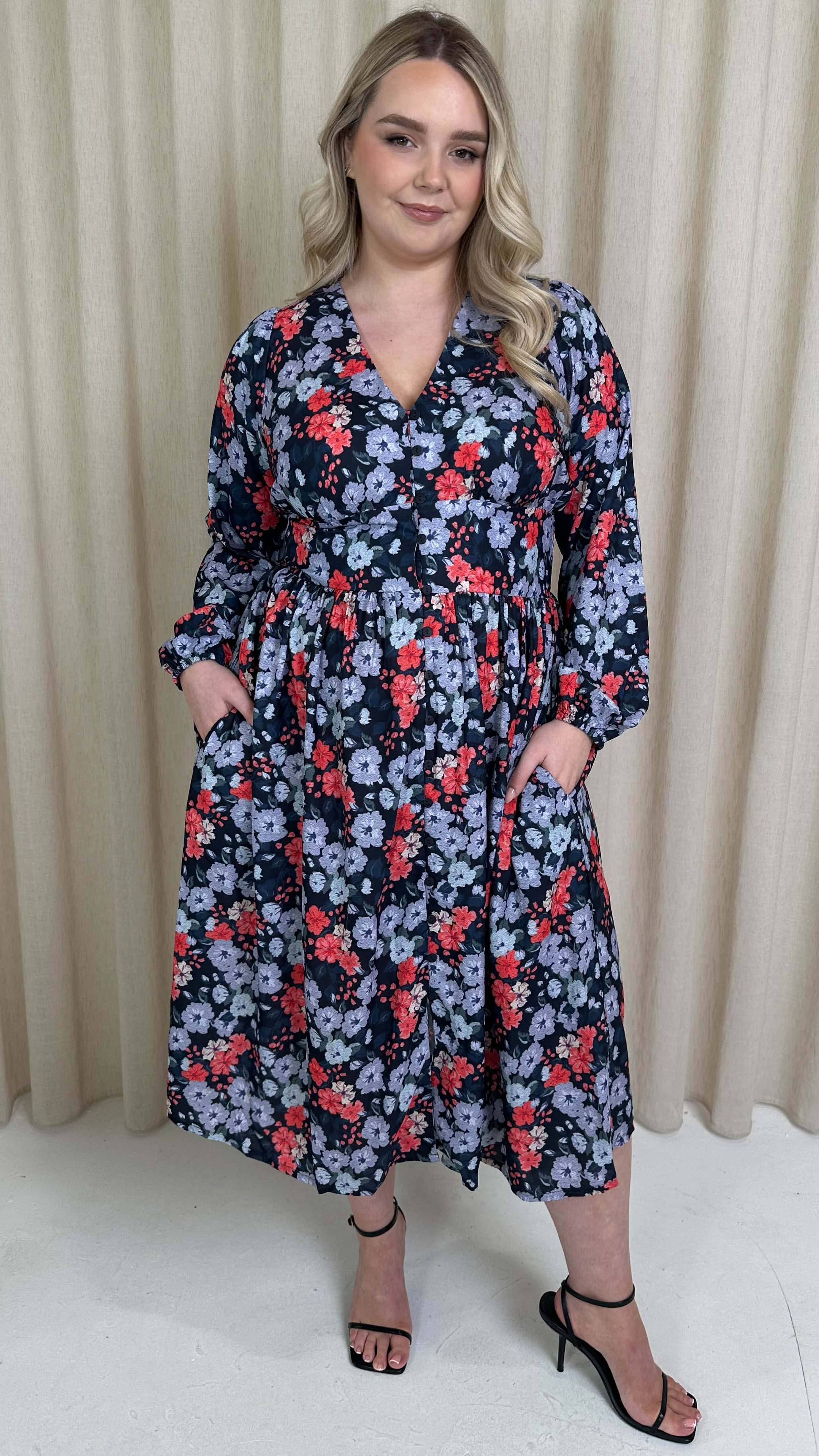 CurveWow Printed Button Front Midi Dress Blue/Red Floral