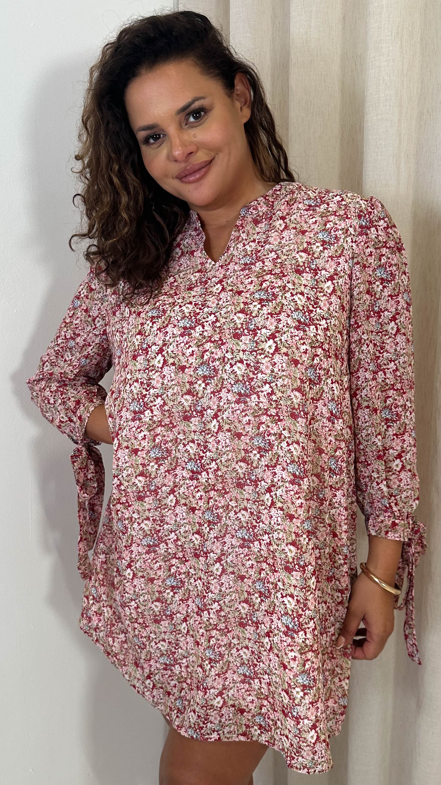 CurveWow Tie Sleeve Tunic Dress Pink & Red Floral