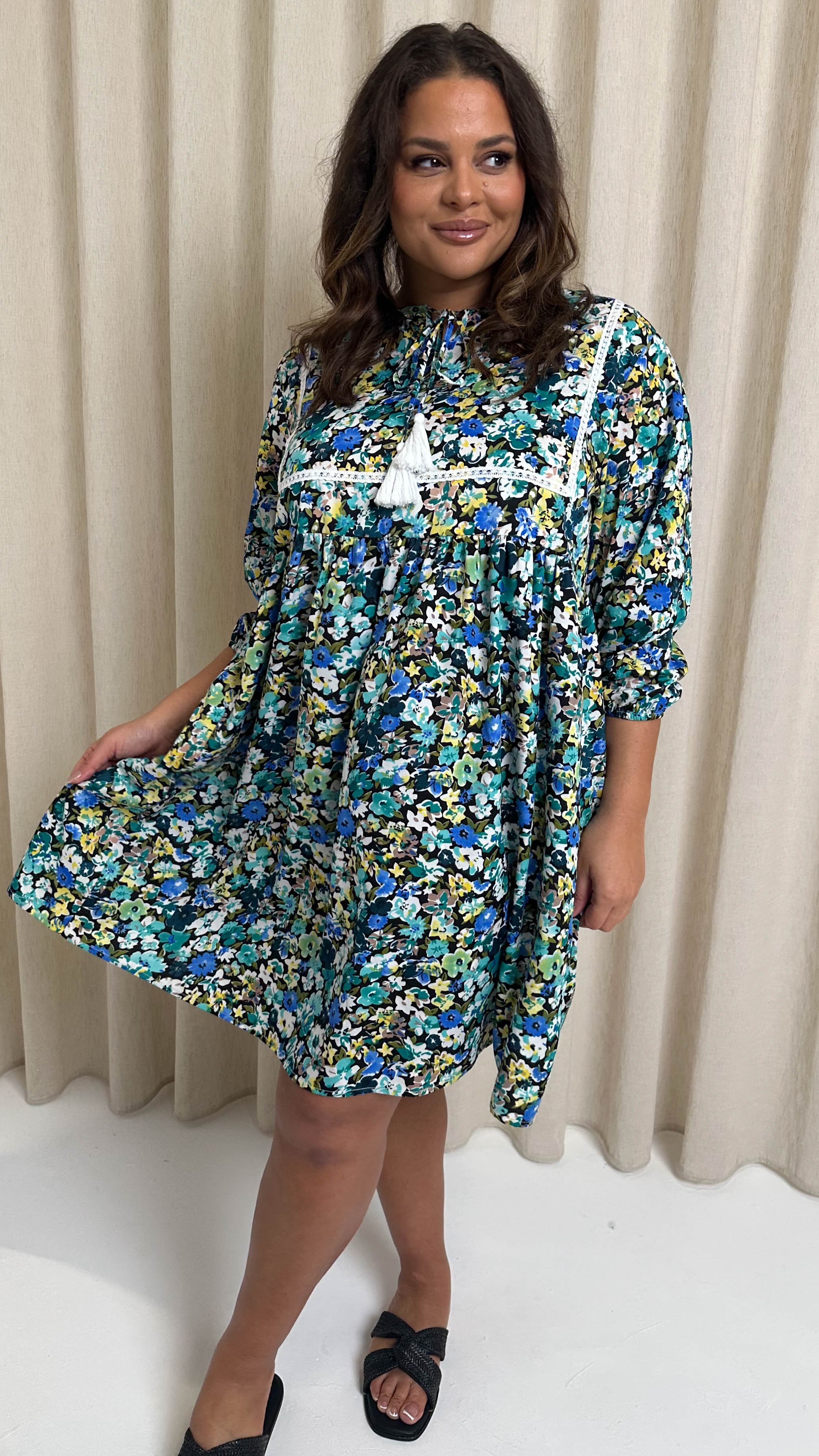 CurveWow Printed Lace Insert Smock Dress Blue Multi Floral