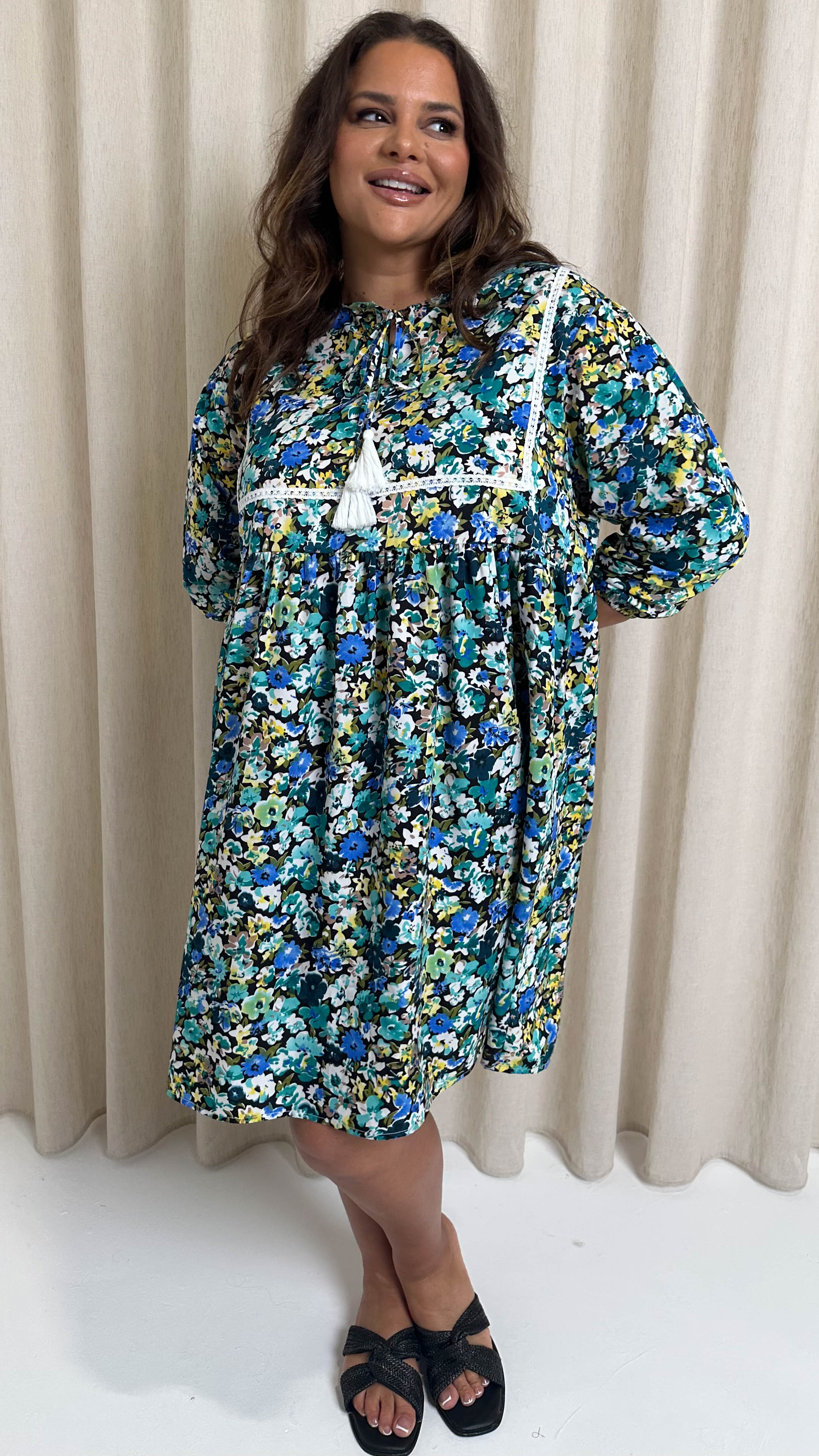CurveWow Printed Lace Insert Smock Dress Blue Multi Floral