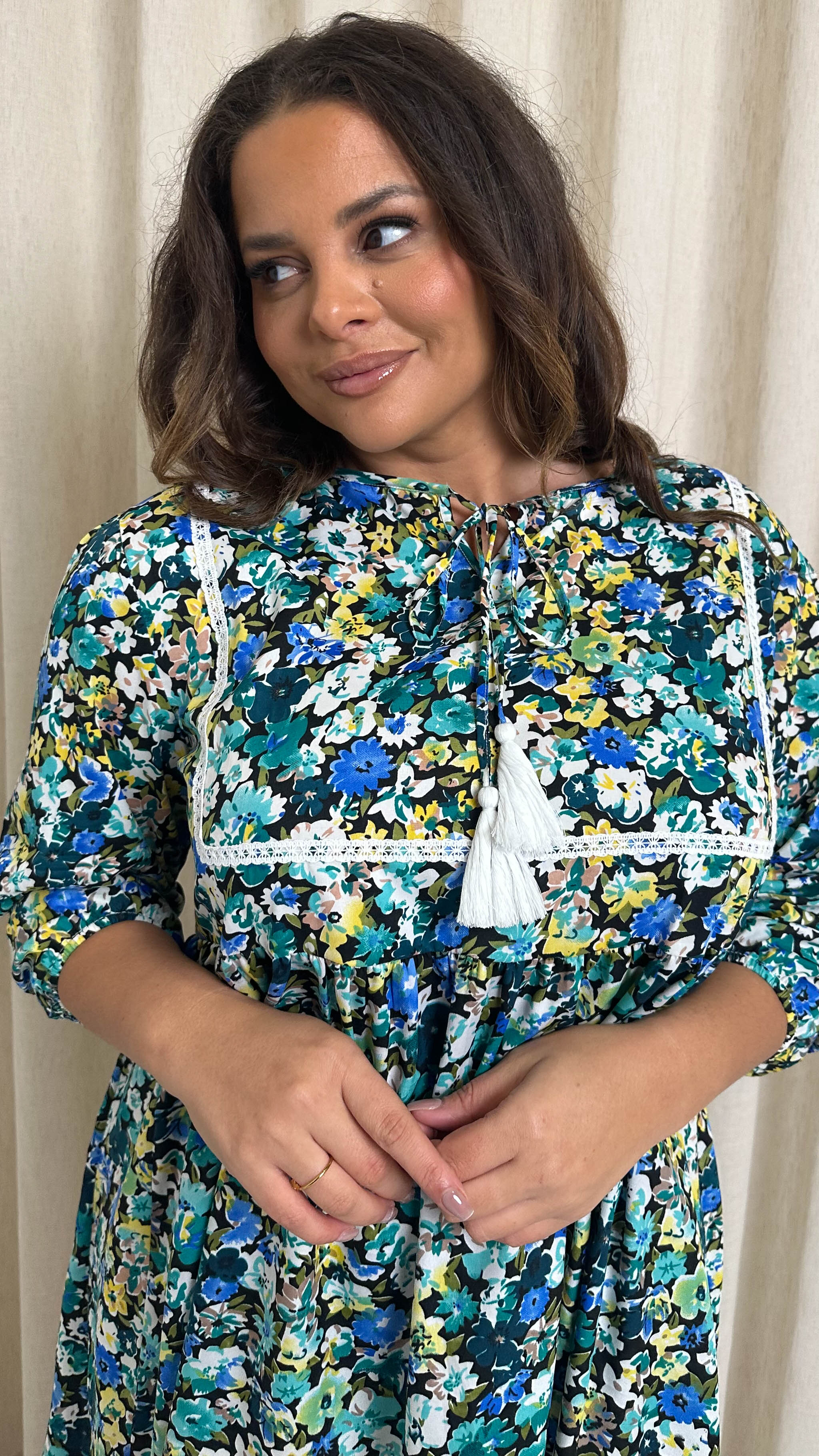 CurveWow Printed Lace Insert Smock Dress Blue Multi Floral