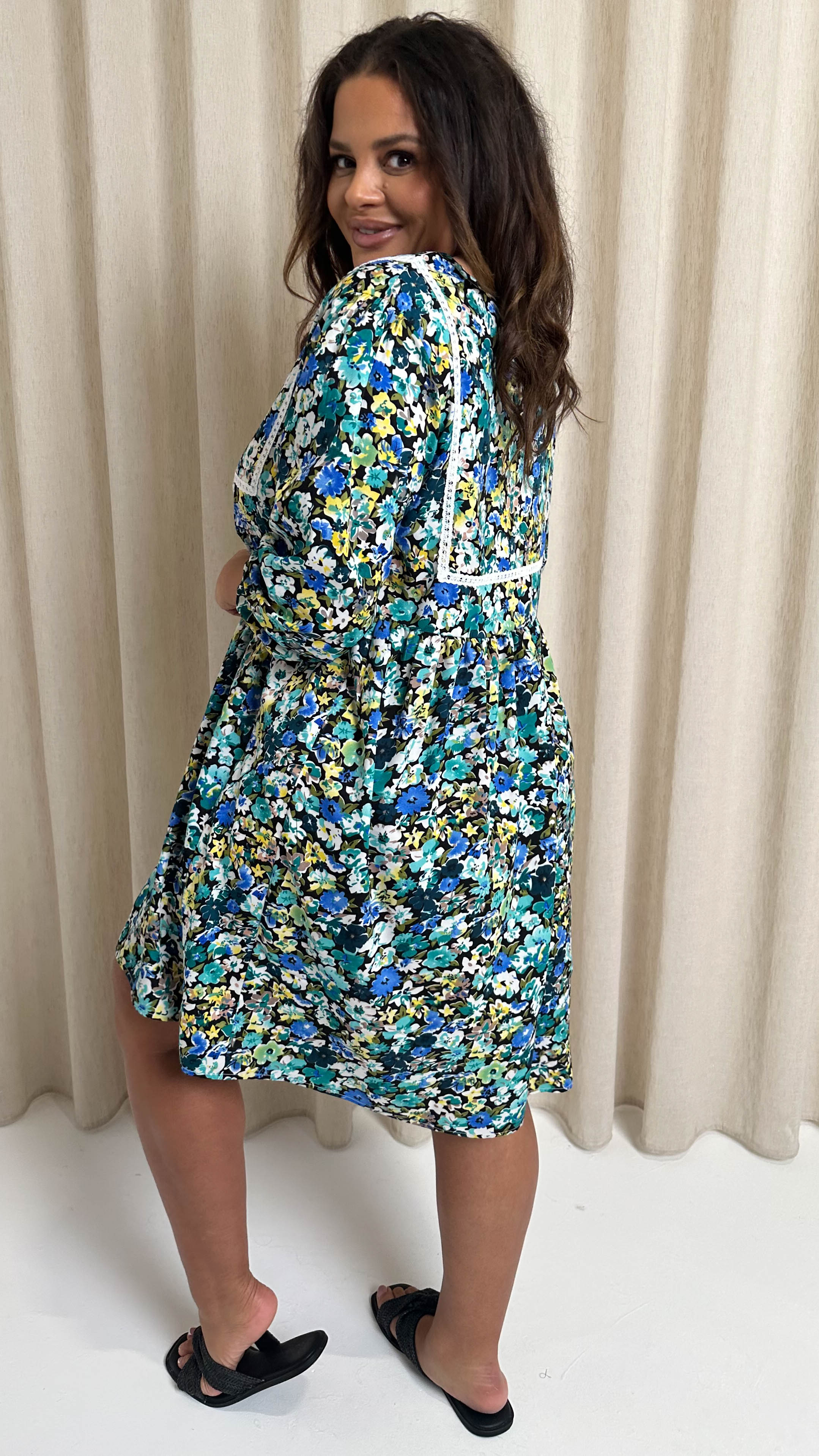 CurveWow Printed Lace Insert Smock Dress Blue Multi Floral