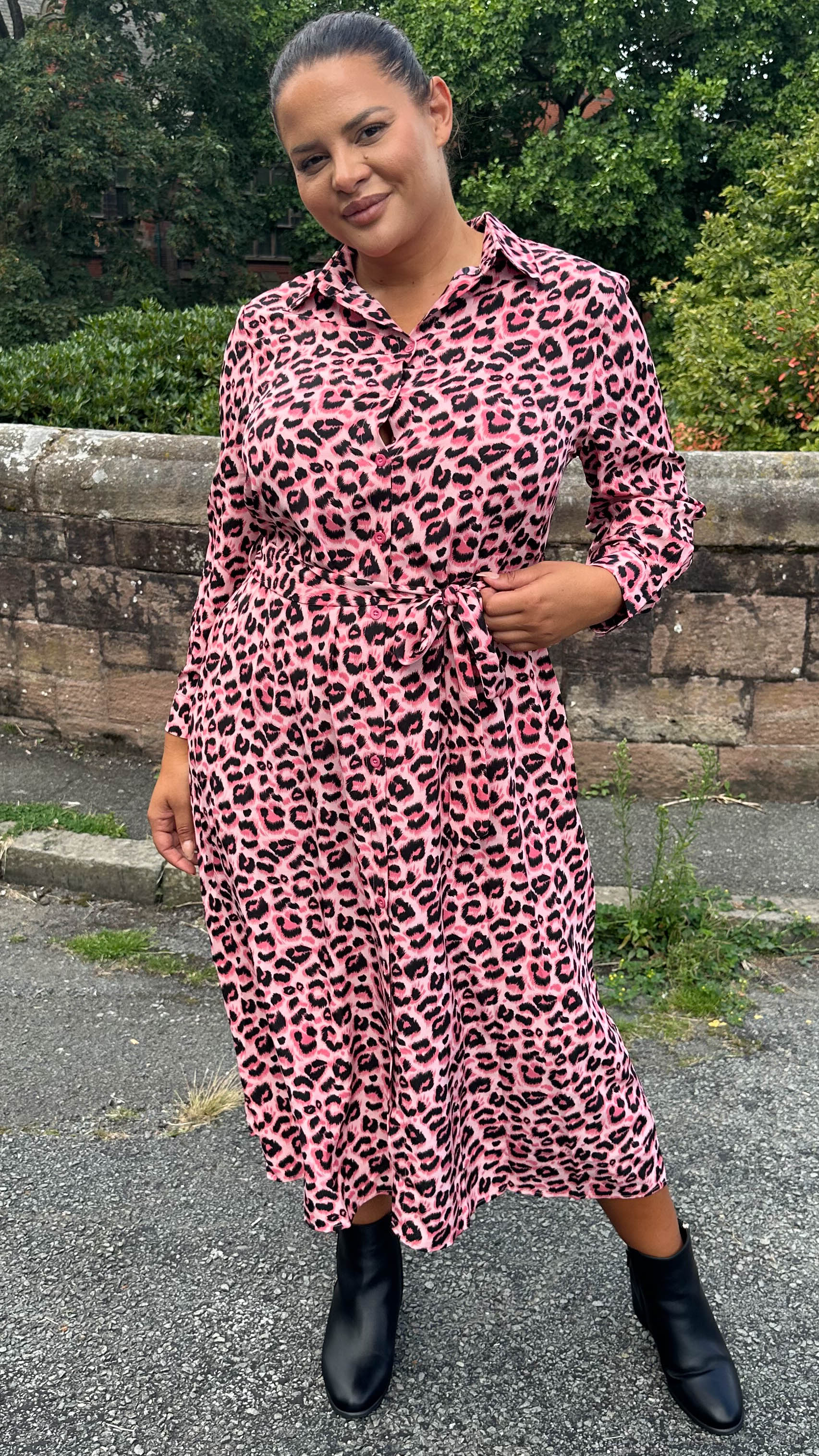 CurveWow Sash Tie Midi Shirt Dress Animal