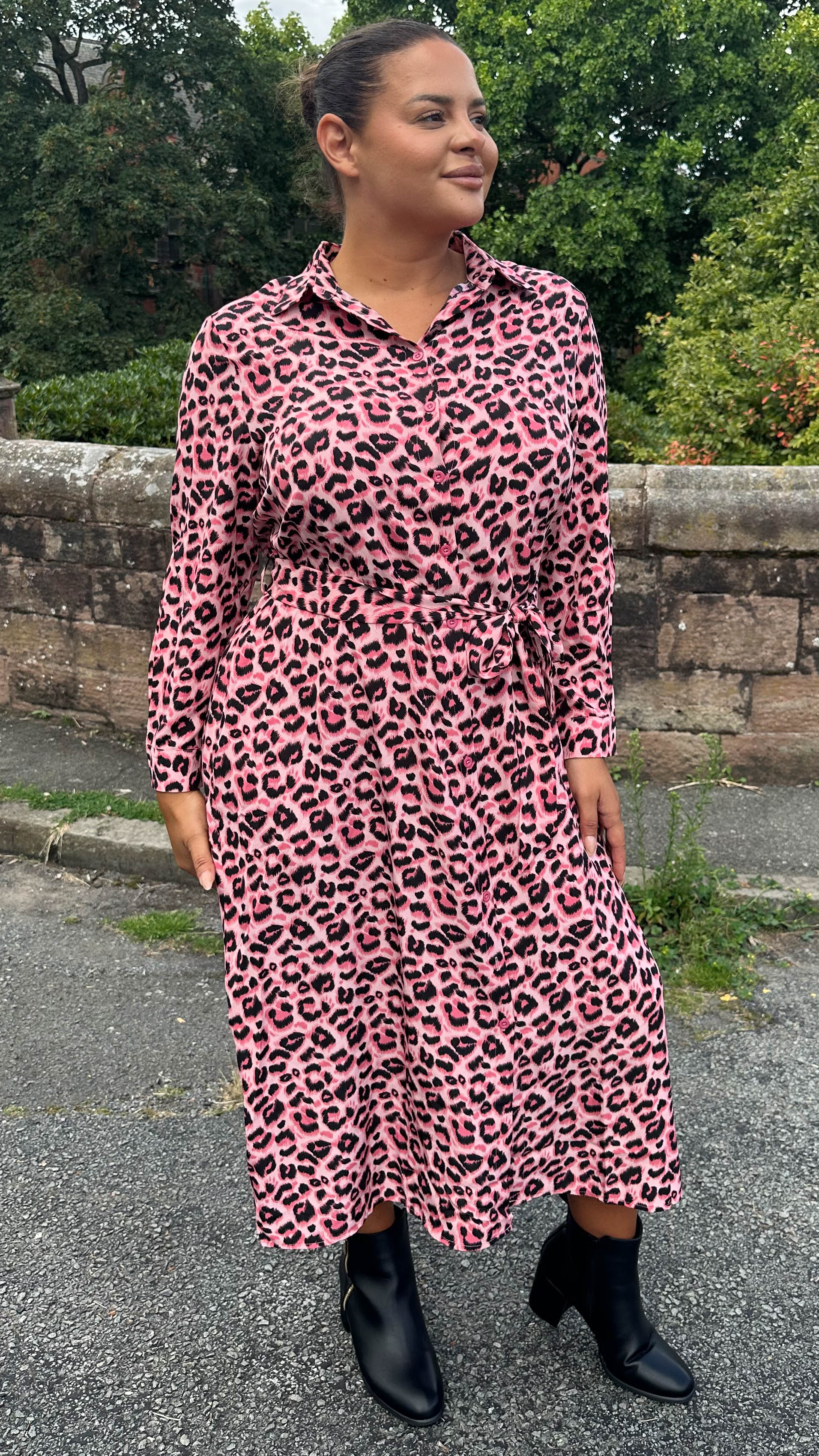 CurveWow Sash Tie Midi Shirt Dress Animal