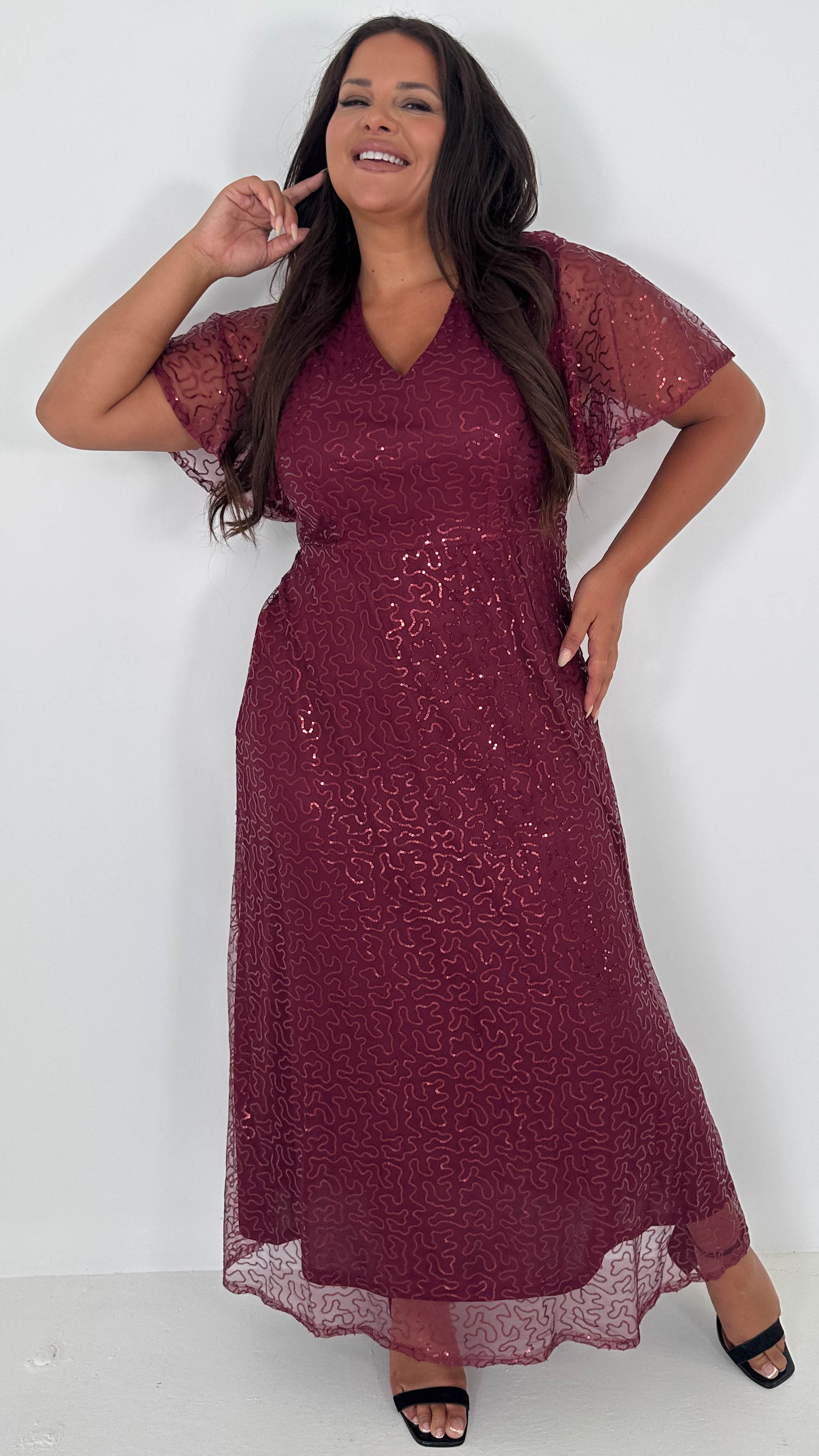 CurveWow Sequin Maxi Dress Wine