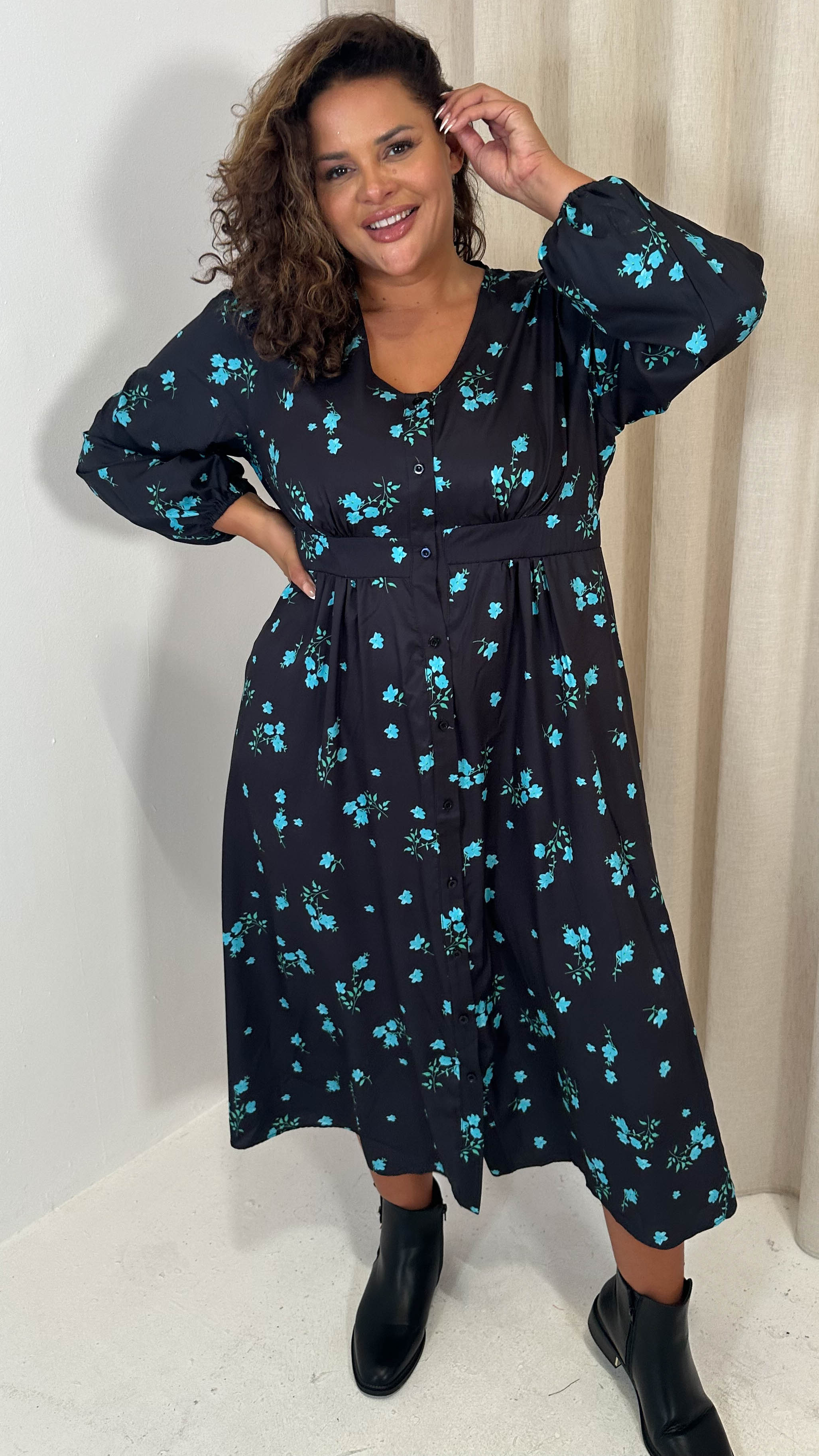 CurveWow Button Front Dress Black Blue Floral