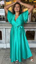 CurveWow Angel Sleeve Satin Maxi Dress Green