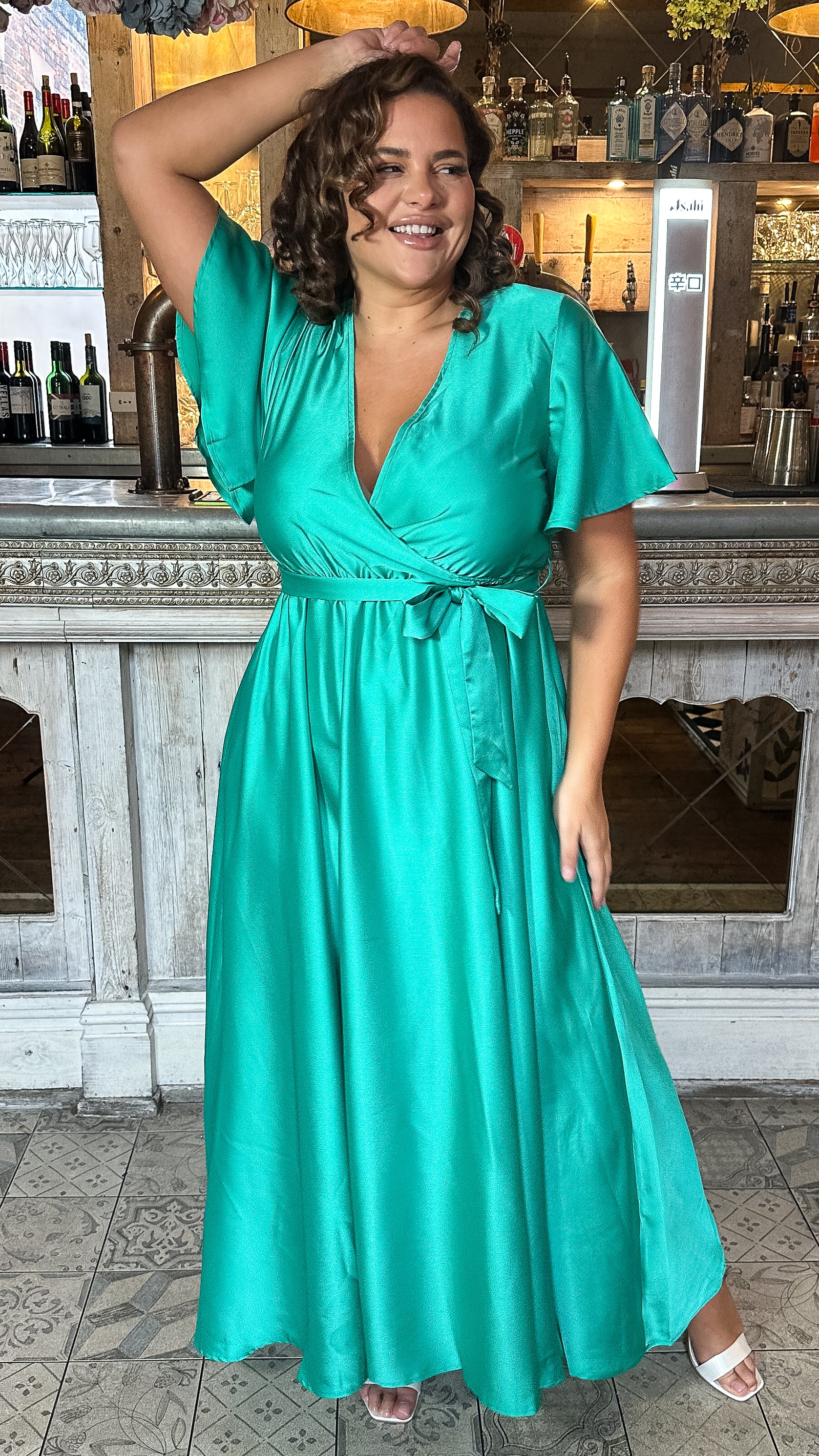 CurveWow Angel Sleeve Satin Maxi Dress Green Curvewow CurveWow Angel Sleeve Satin Maxi Dress Green Curvewow