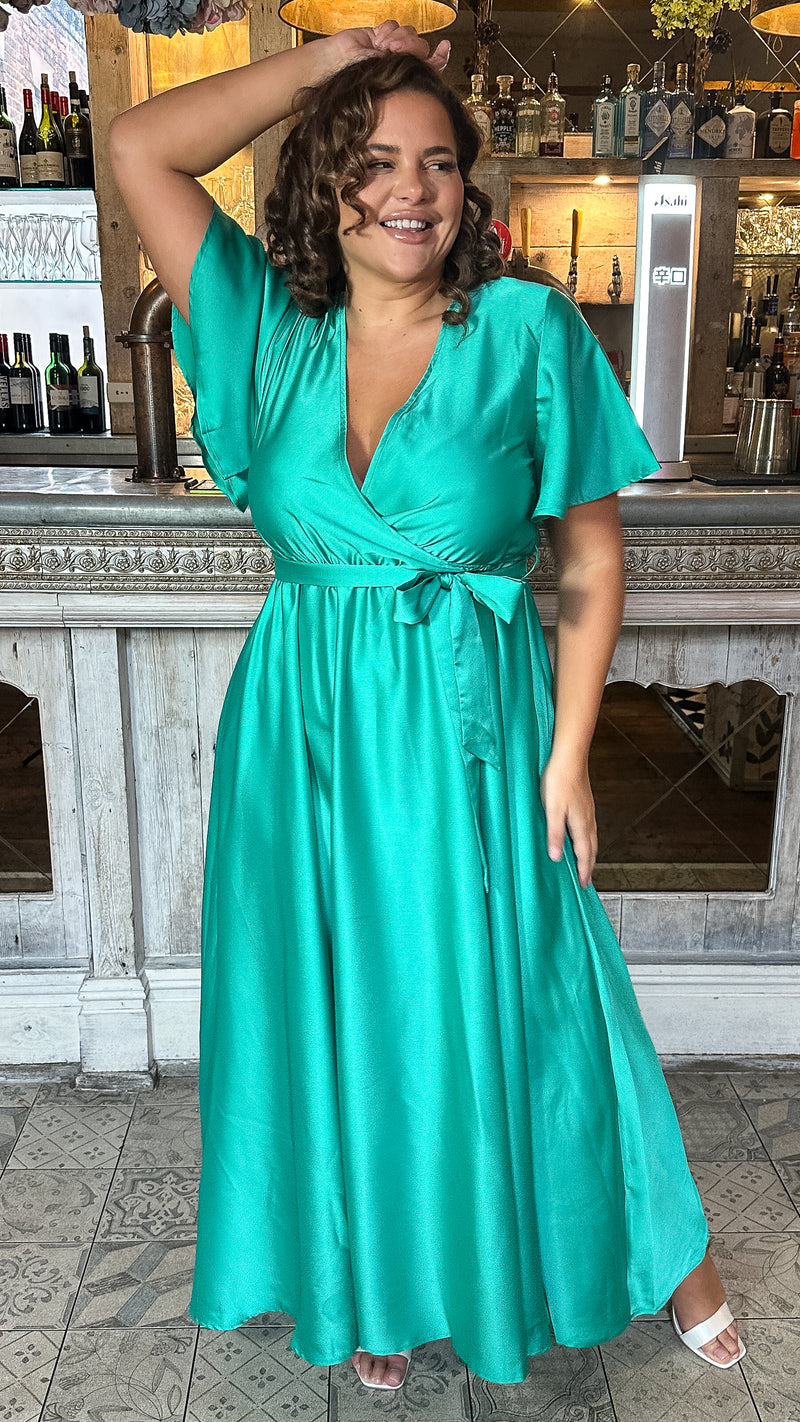 CurveWow Angel Sleeve Satin Maxi Dress Green