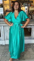 CurveWow Angel Sleeve Satin Maxi Dress Green