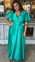 CurveWow Angel Sleeve Satin Maxi Dress Green