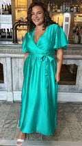 CurveWow Angel Sleeve Satin Maxi Dress Green