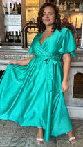 CurveWow Angel Sleeve Satin Maxi Dress Green