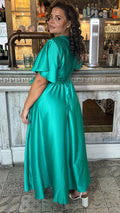 CurveWow Angel Sleeve Satin Maxi Dress Green