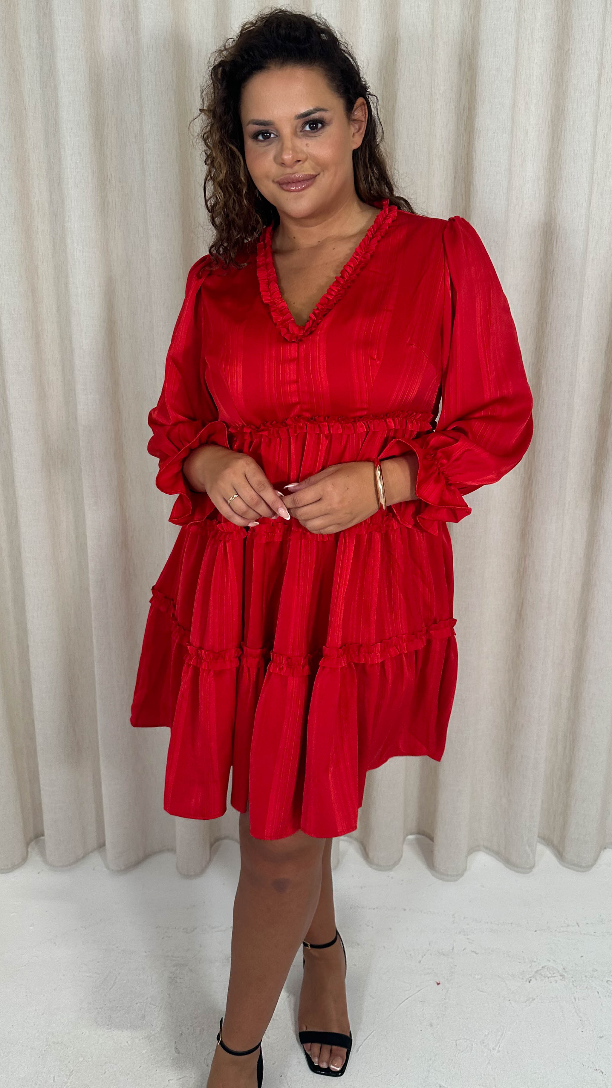 CurveWow Striped Satin Tiered Mini Dress Red