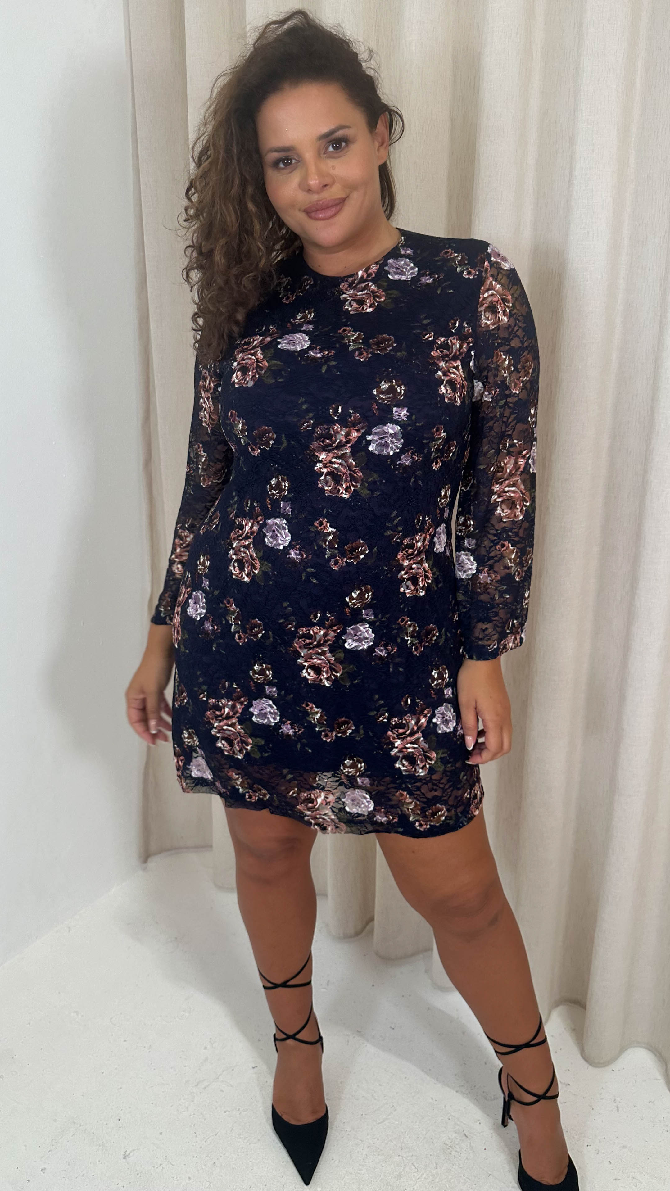 CurveWow Floral Lace Shift Dress Navy