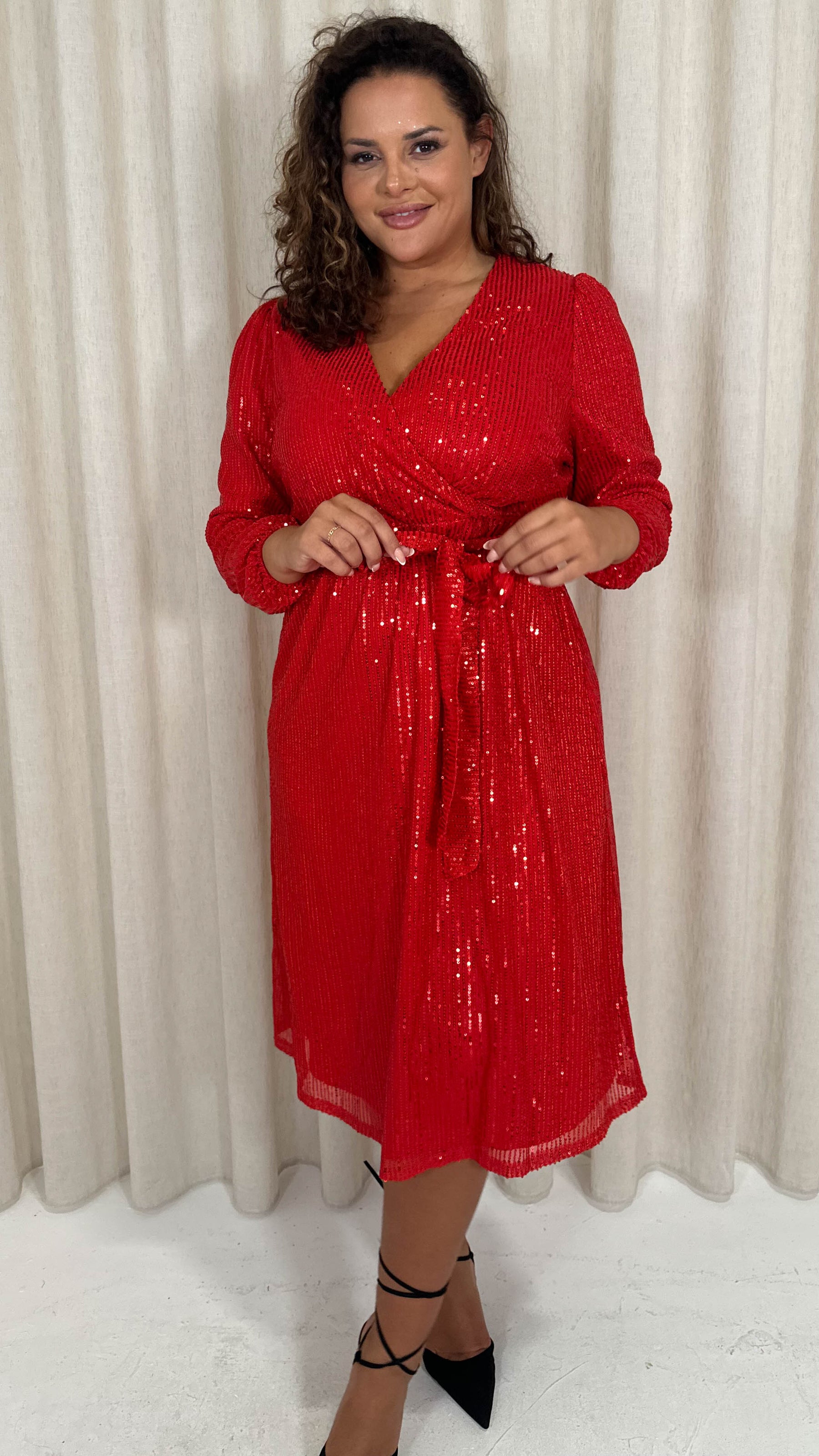 CurveWow Sequin Long Sleeve Midi Dress Red Curvewow CurveWow Sequin Long Sleeve Midi Dress Red Curvewow