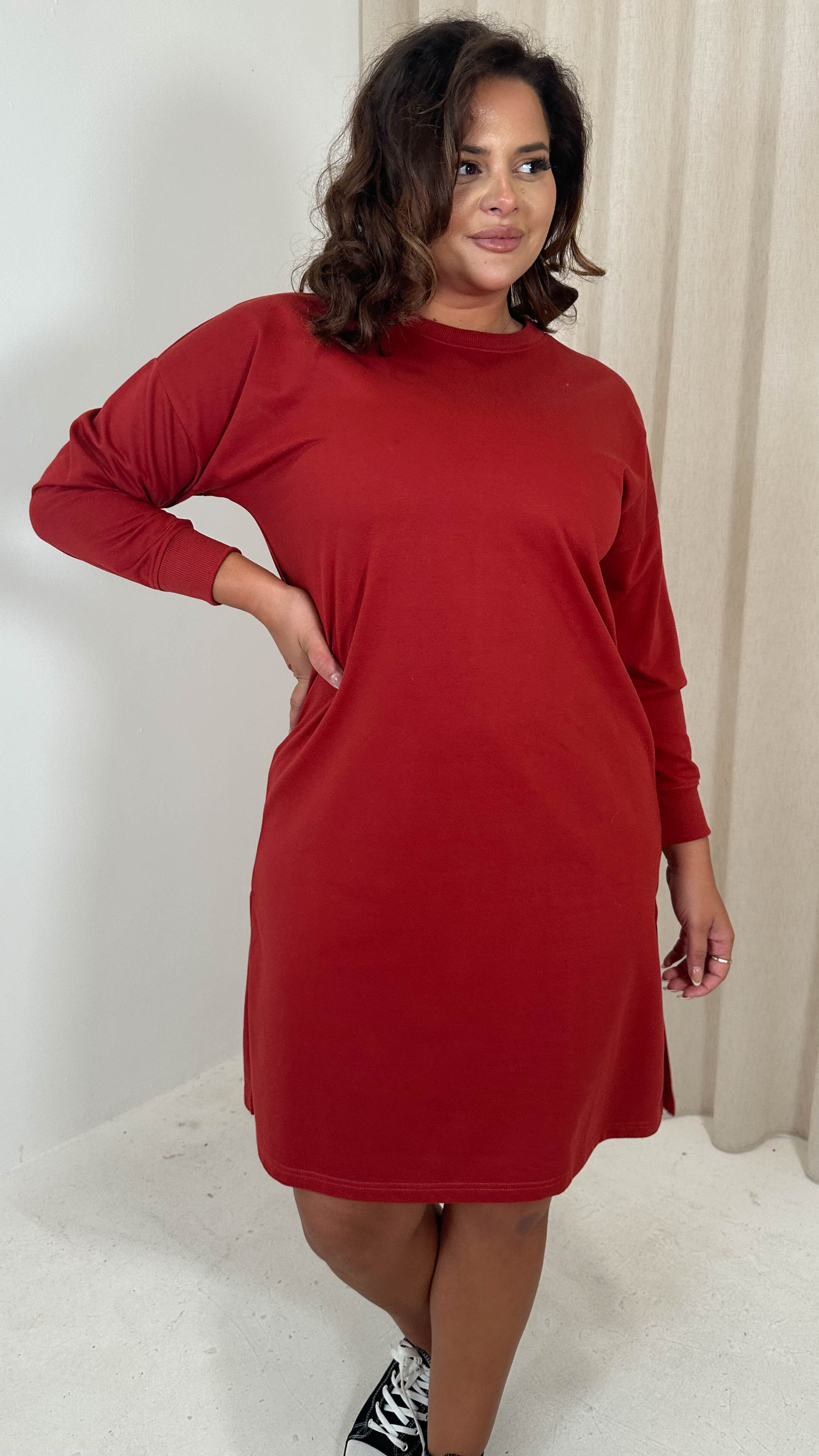 CurveWow Crew Neck Side Split Sweat Dress Rust