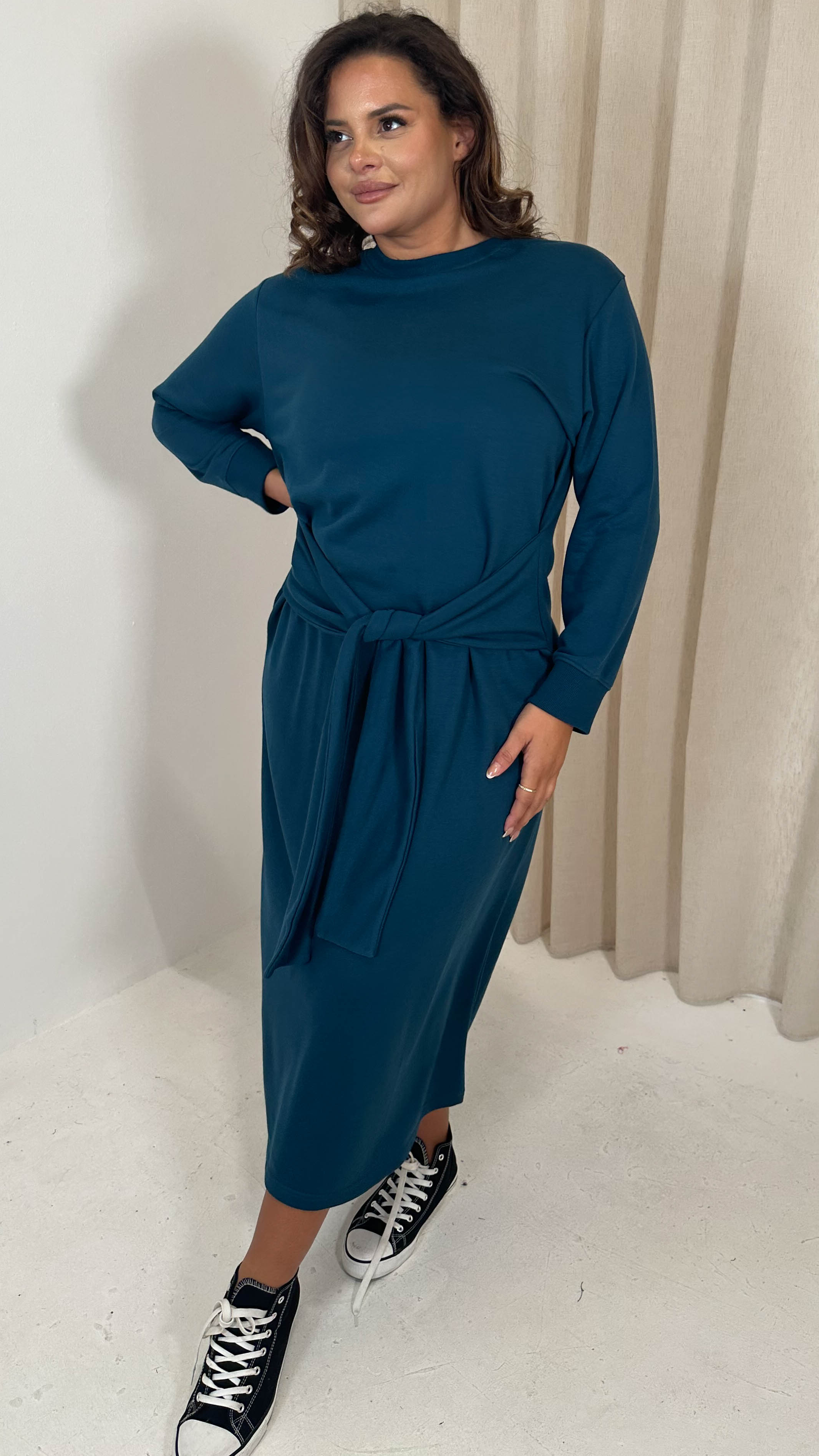 CurveWow Midi Jumper Dress With Tie Waist Dark Teal