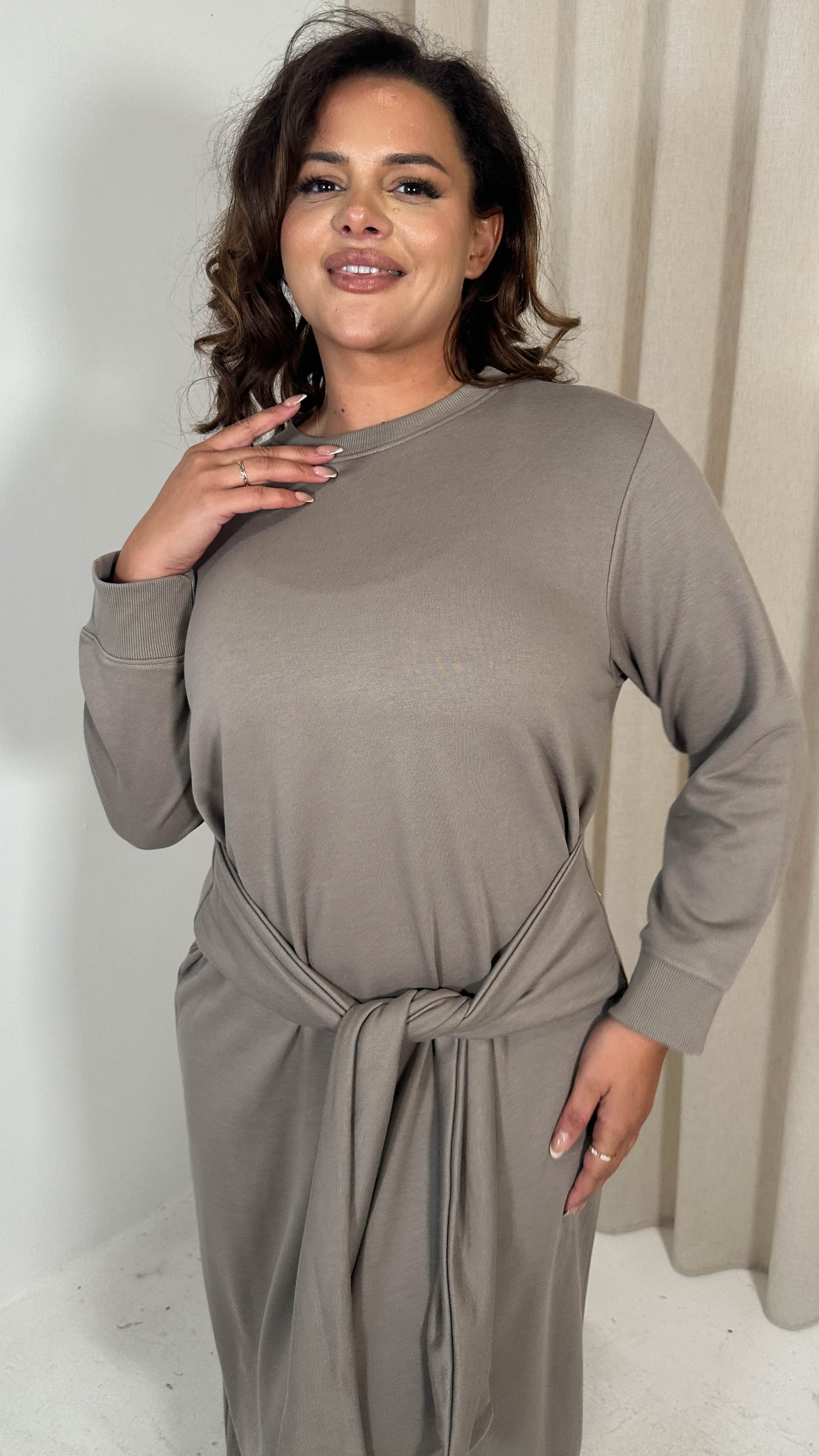 CurveWow Midi Jumper Dress With Tie Waist Beige