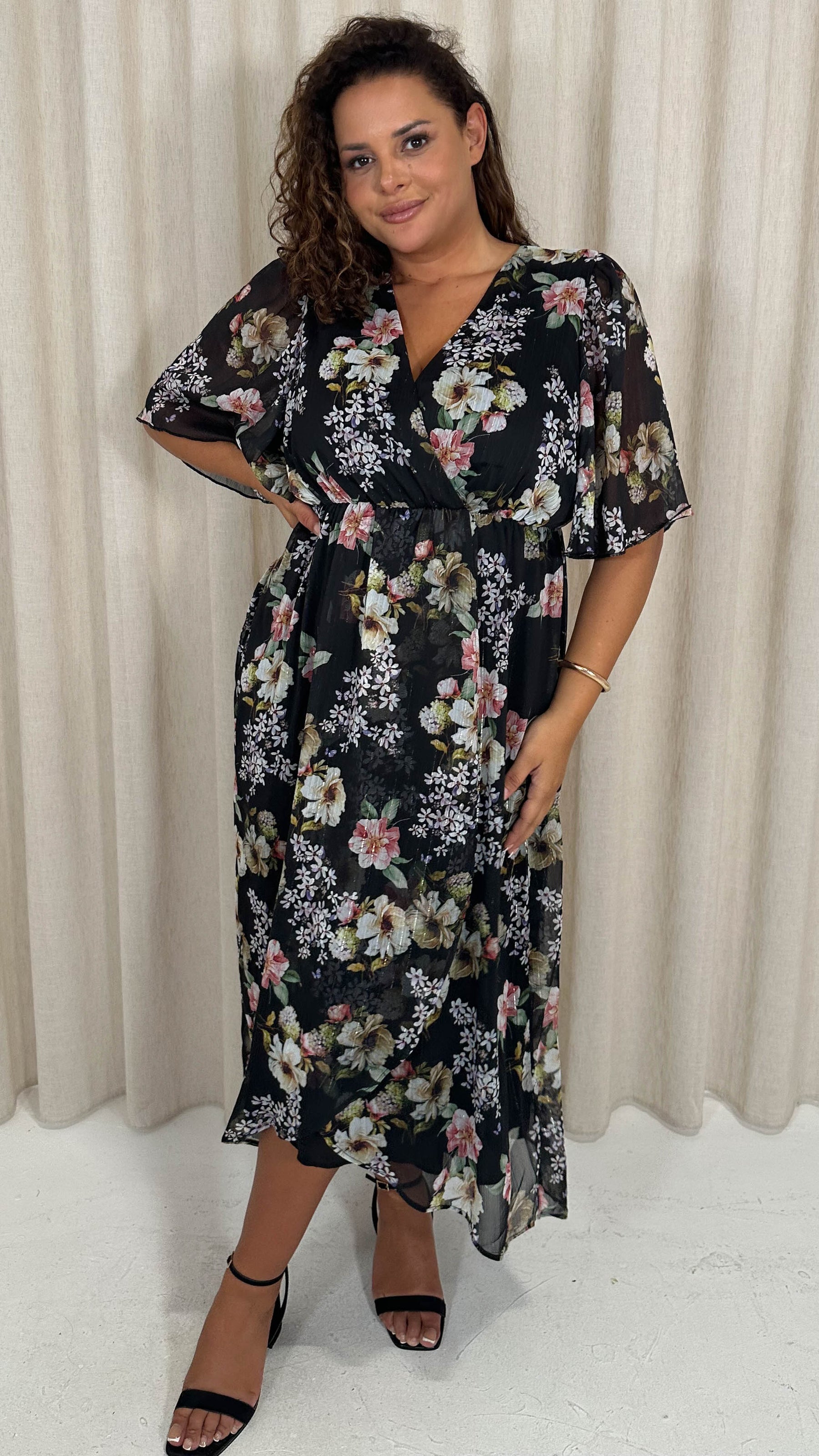 black floral wrap midi dress Black Floral Print Long Seeve Satin Wrap Midi Dress PinkBlush