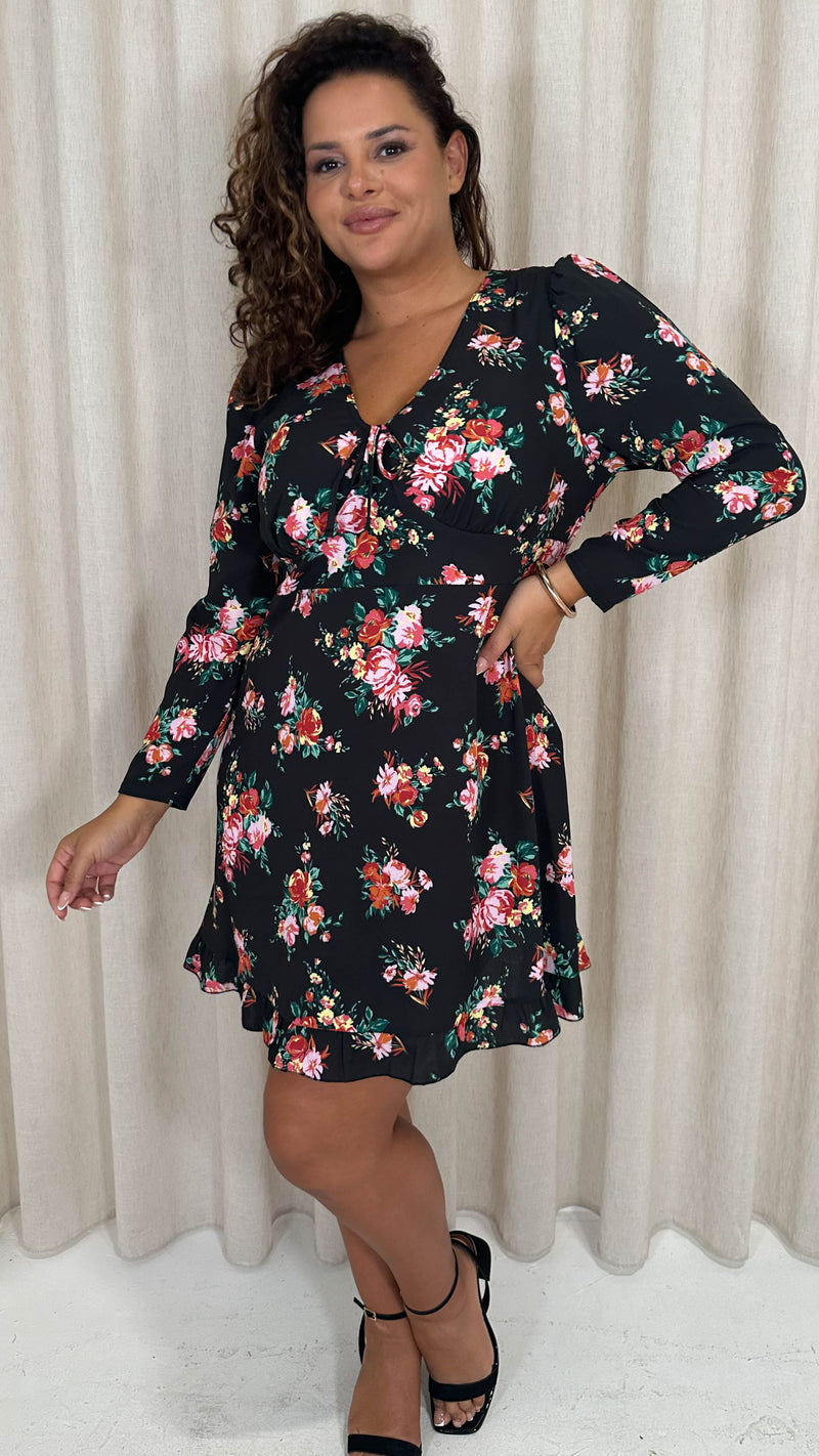 CurveWow Tie Front Mini Dress Black Floral Curvewow CurveWow Tie Front Mini Dress Black Floral Curvewow